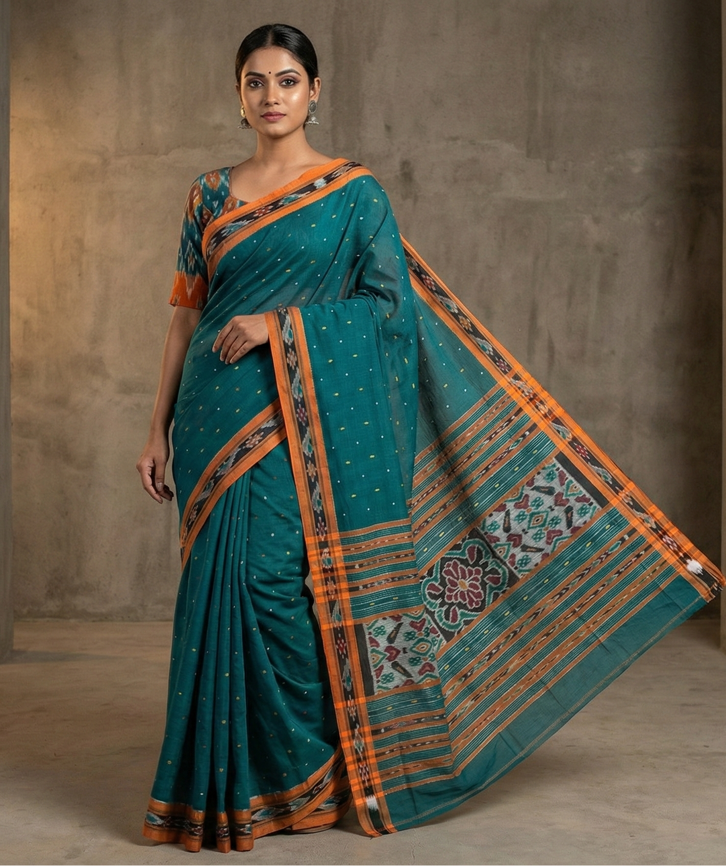 Authentic Teal Blue Chadhei Pittala Single Cotton Saree | Traditional Odisha Ikat Handloom