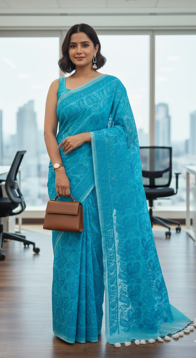 Sky-Blue Mul Cotton Chikankari Saree – Elegant Handcrafted Corporate Wear with Tassels