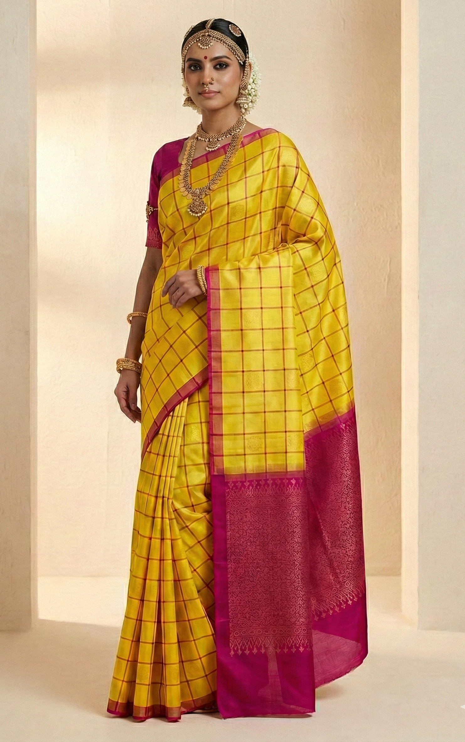Radiant Yellow & Magenta Soft Silk Sheen handloom Saree with Classic Kattam Checks and Rich Zari Border