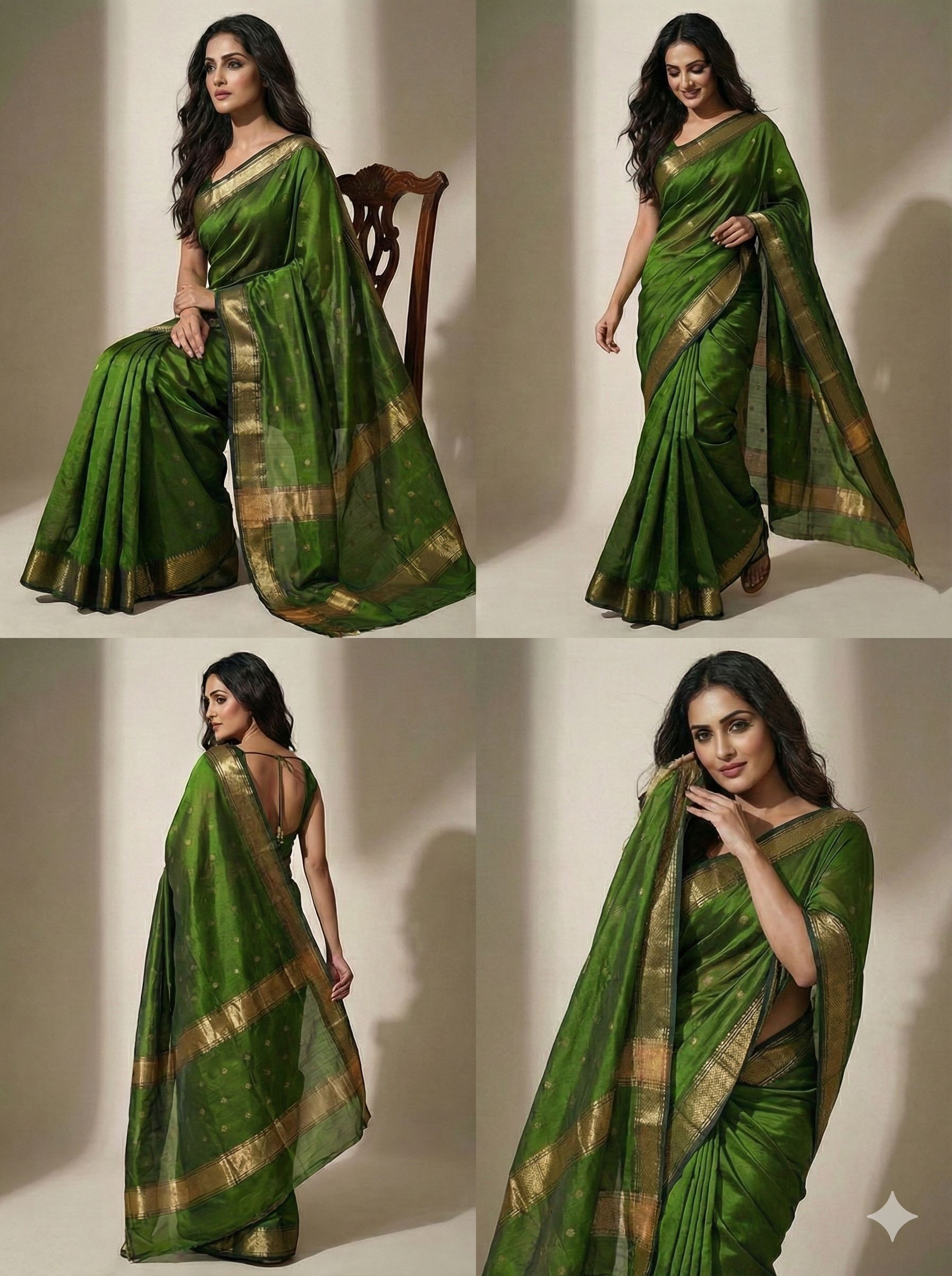 Handloom Elegant Dark Green Maheshwari Cotton Silk Saree with Gold Zari