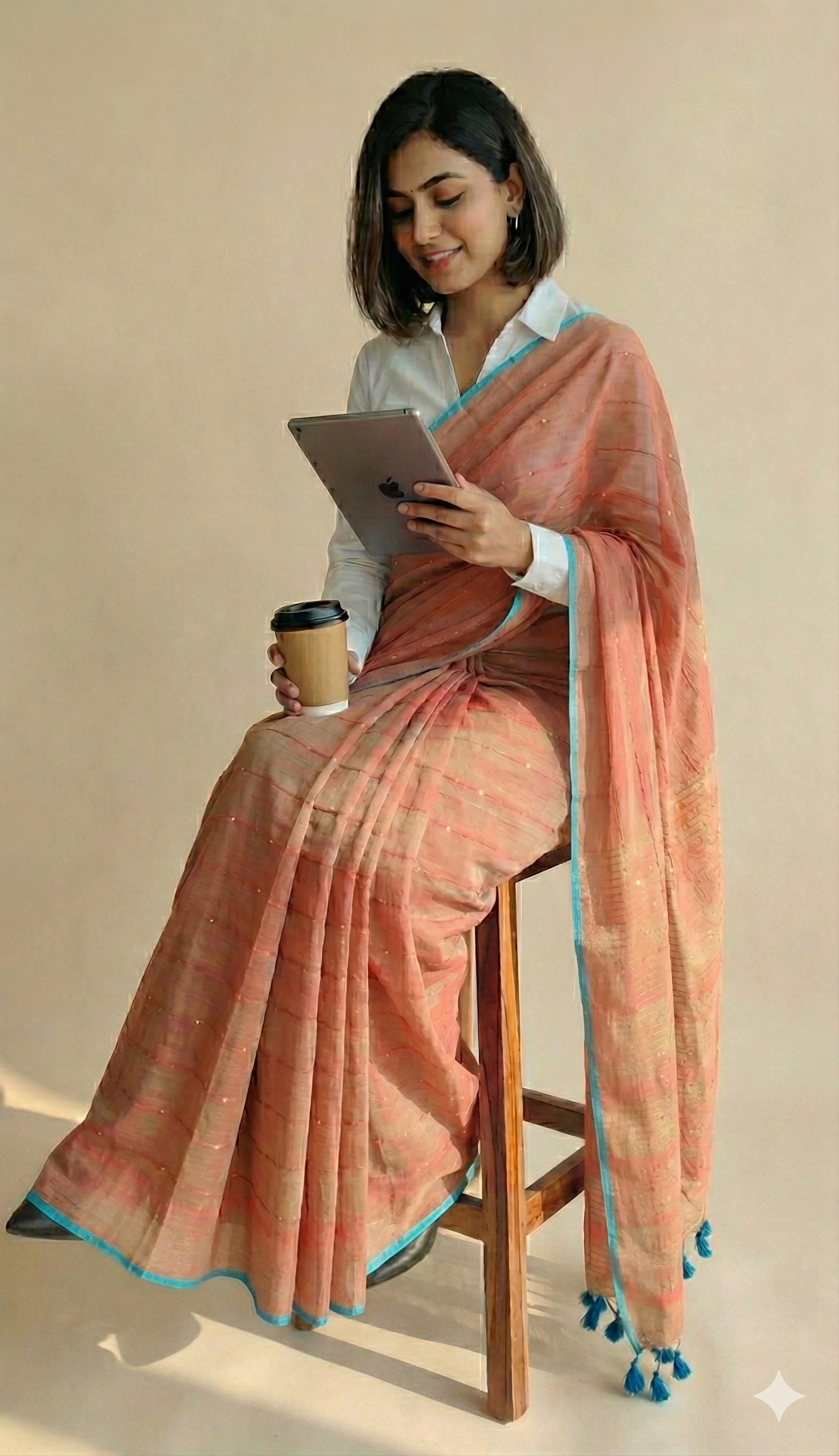 Peach Beige Dual Tone Mul Cotton Saree with Subtle Sequin Detailing