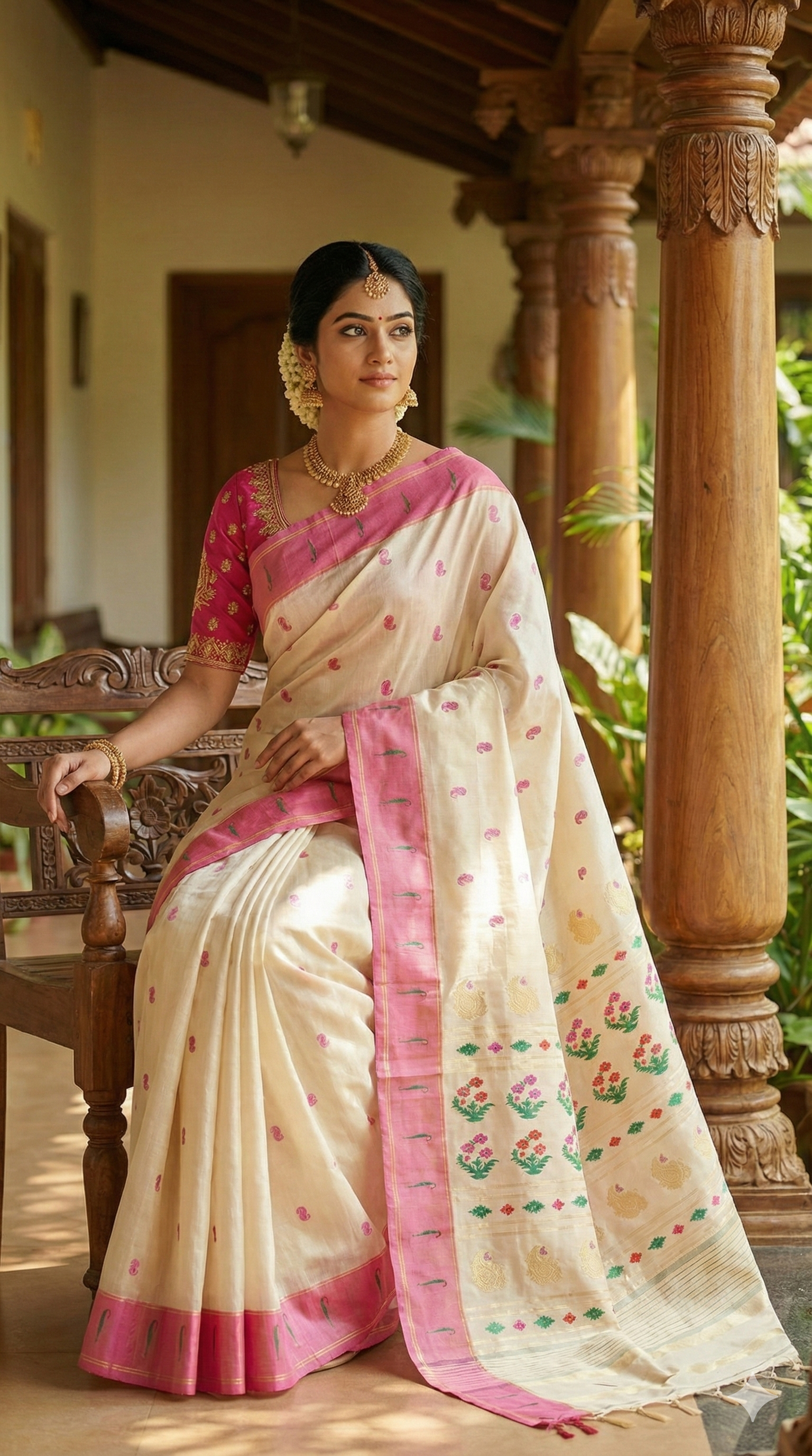 Premium Brocade Tissue Silk Paithani Saree with Rani Pink Zari Border & Multicolor Floral Pallu – Traditional Maharashtrian Handloom