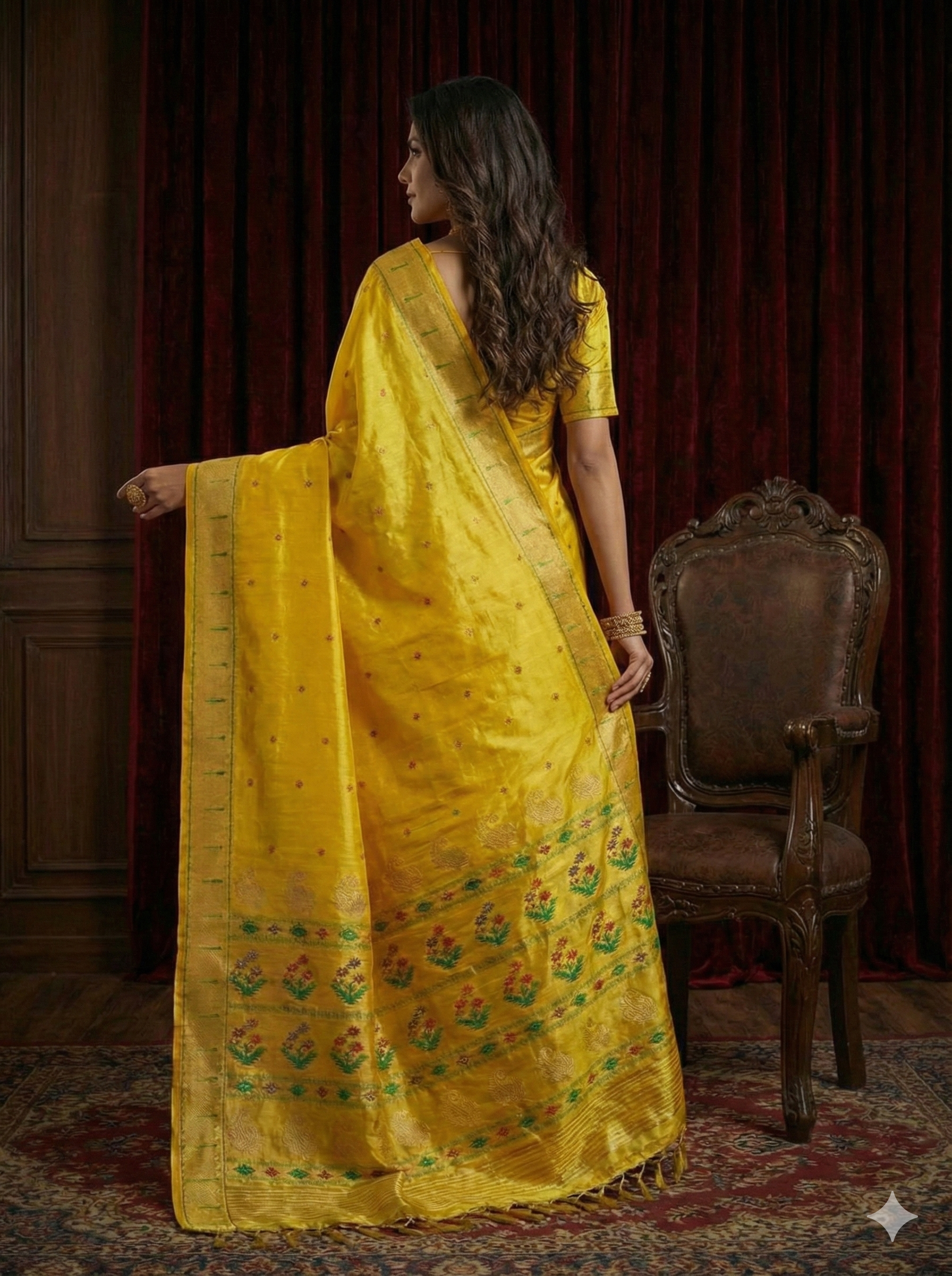 Premium Brocade Tissue Silk Paithani Saree with yellow Zari Border & Multicolor Floral Pallu – Traditional Maharashtrian Handloom