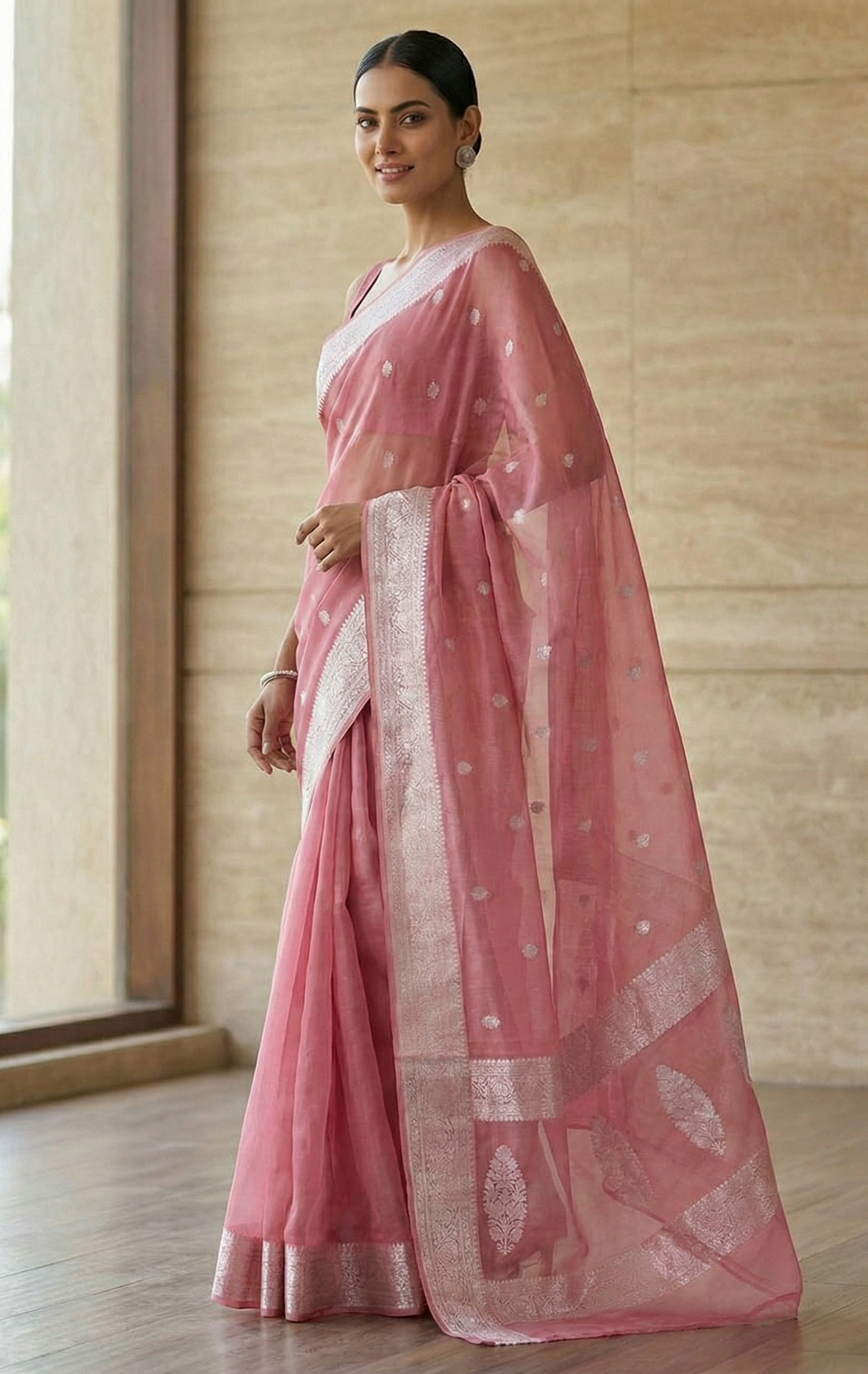 khaddi Chiffon Dusty Pink Saree – Handcrafted Elegance