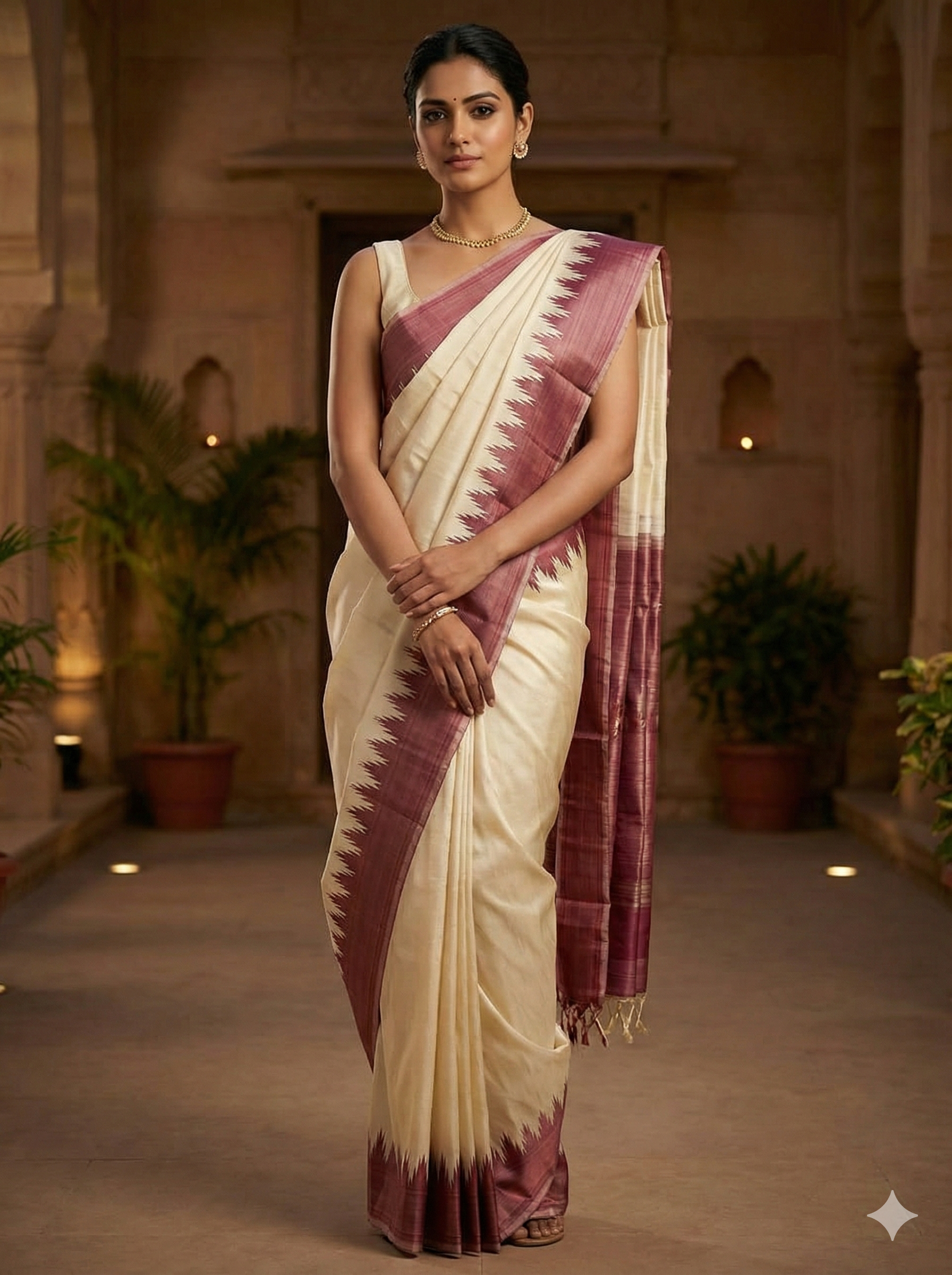 Vintage Korvai Temple Kanchipuram Off- white pure Silk - Formal Saree | SUTA-SAGA