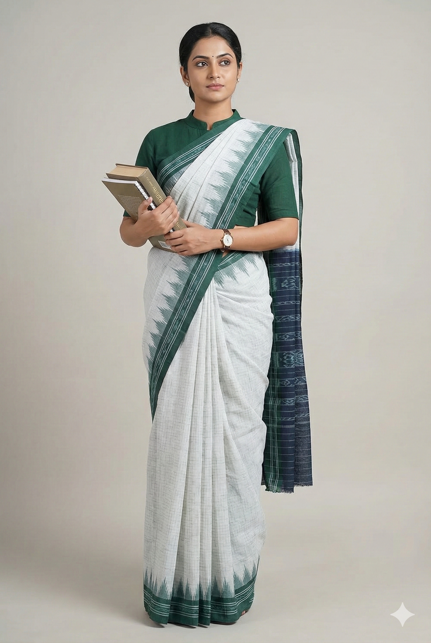 Odisha Handloom Jharana Cotton Saree - Off-White Body with Deep Green Temple Border & Blue Ikat Pallu