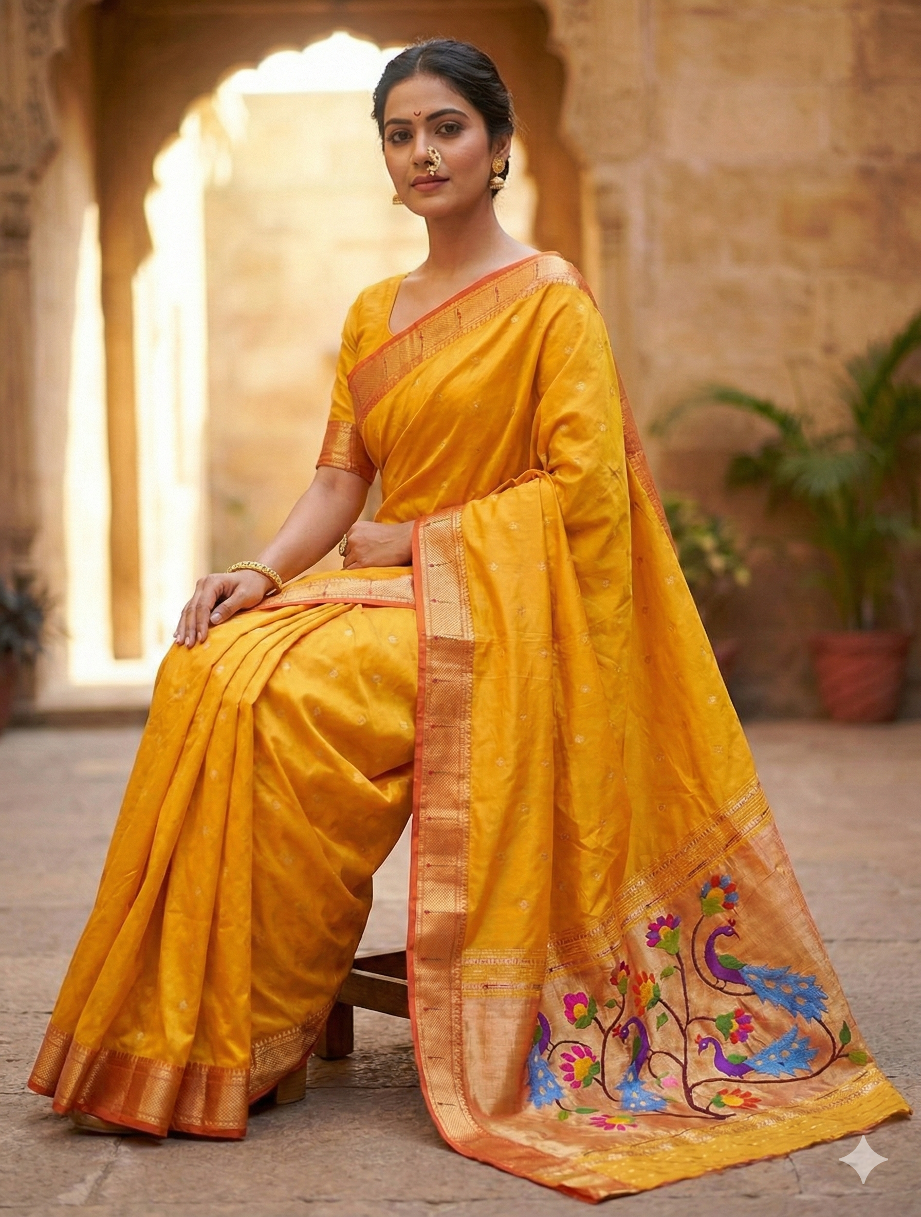 Golden Yellow Single Muniya Paithani Saree – A Symphony of Nature and Tradition