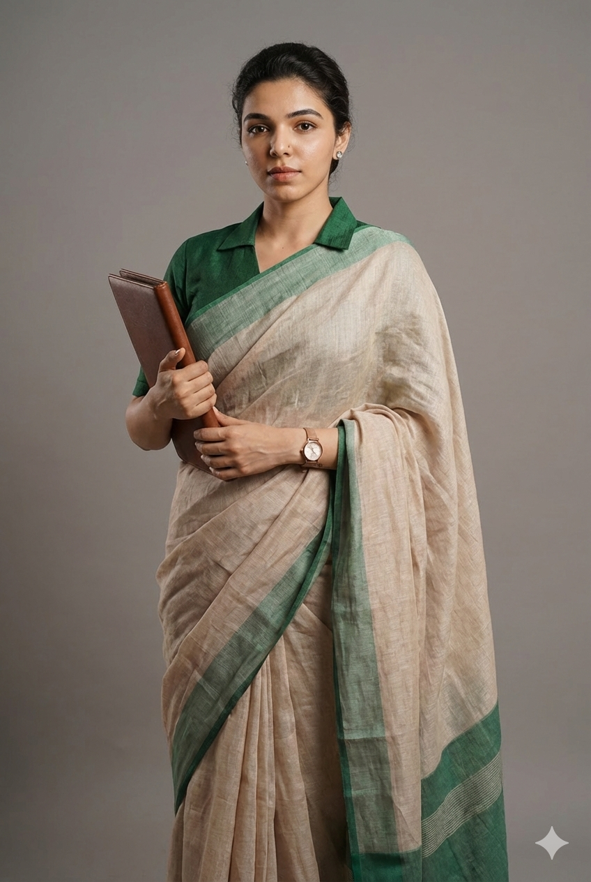 Organic Beige Pure Linen Saree with Forest Green Border | Natural Office Wear