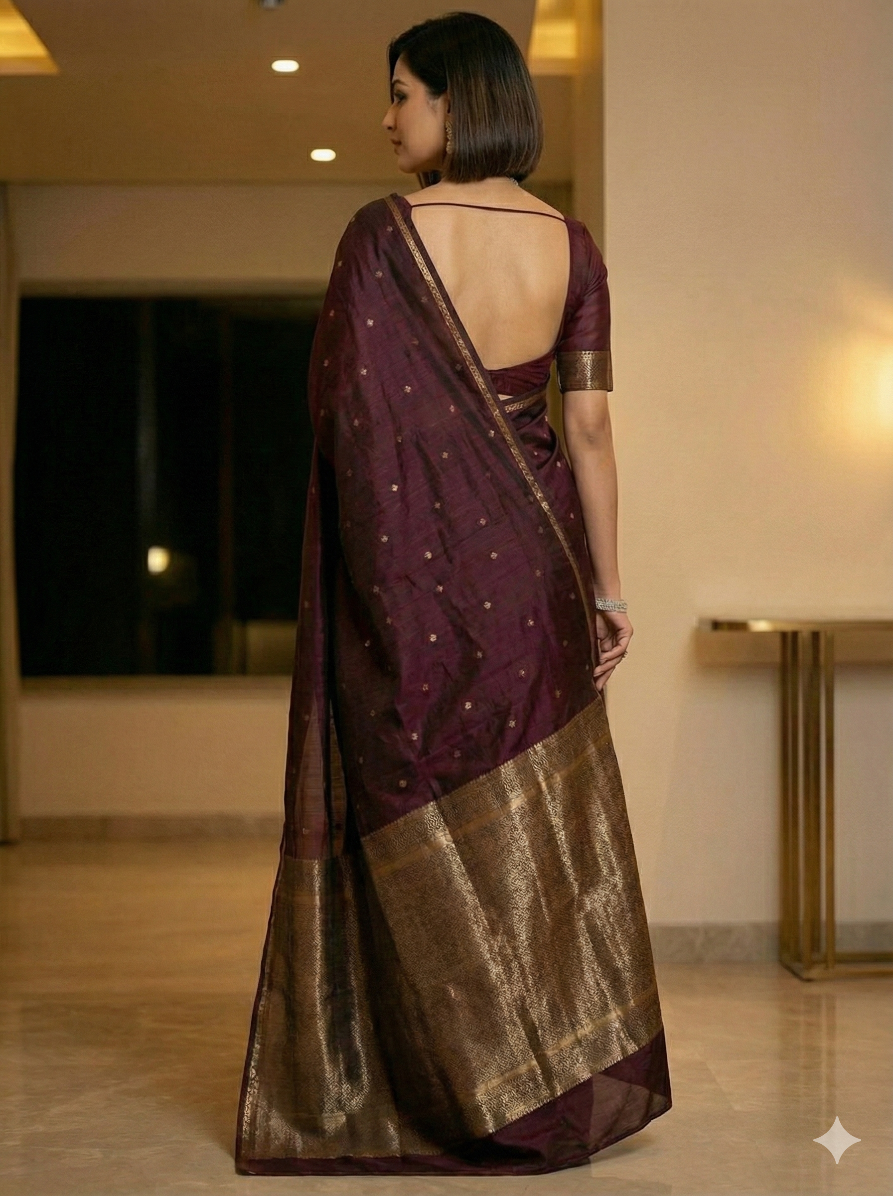 Premium unique Deep Wine Chanderi Pattu Silk Saree with Gold Zari Butta & Rich Tissue Border | SUTA‑SAGA