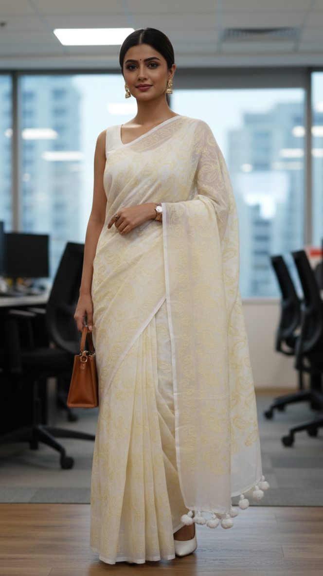 White Mul Cotton Chikankari Saree – Elegant Handcrafted Corporate Wear with Tassels