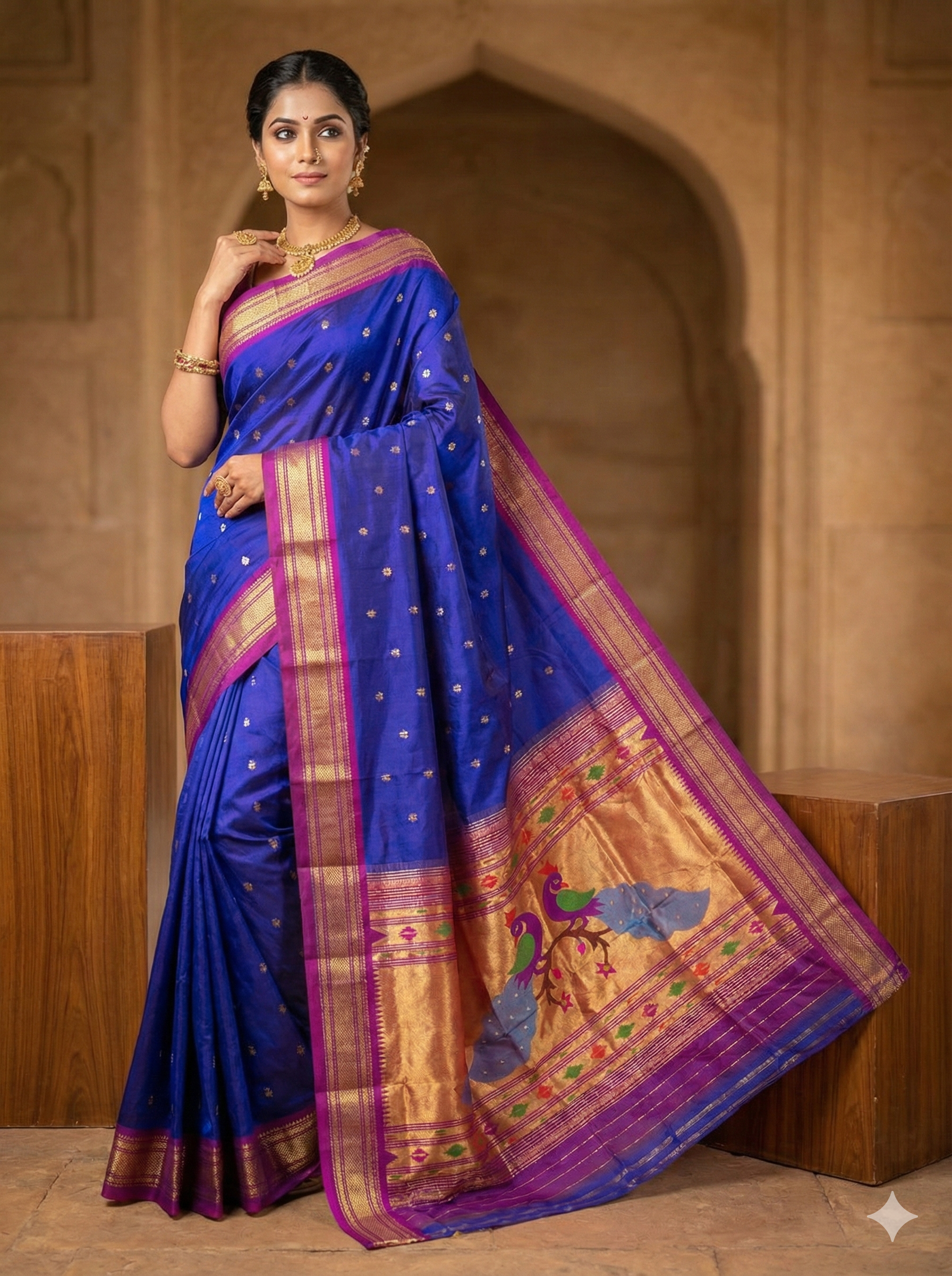 Royal Blue Paithani Silk Saree with Rich Purple Peacock Pallu & Gold Zari Work