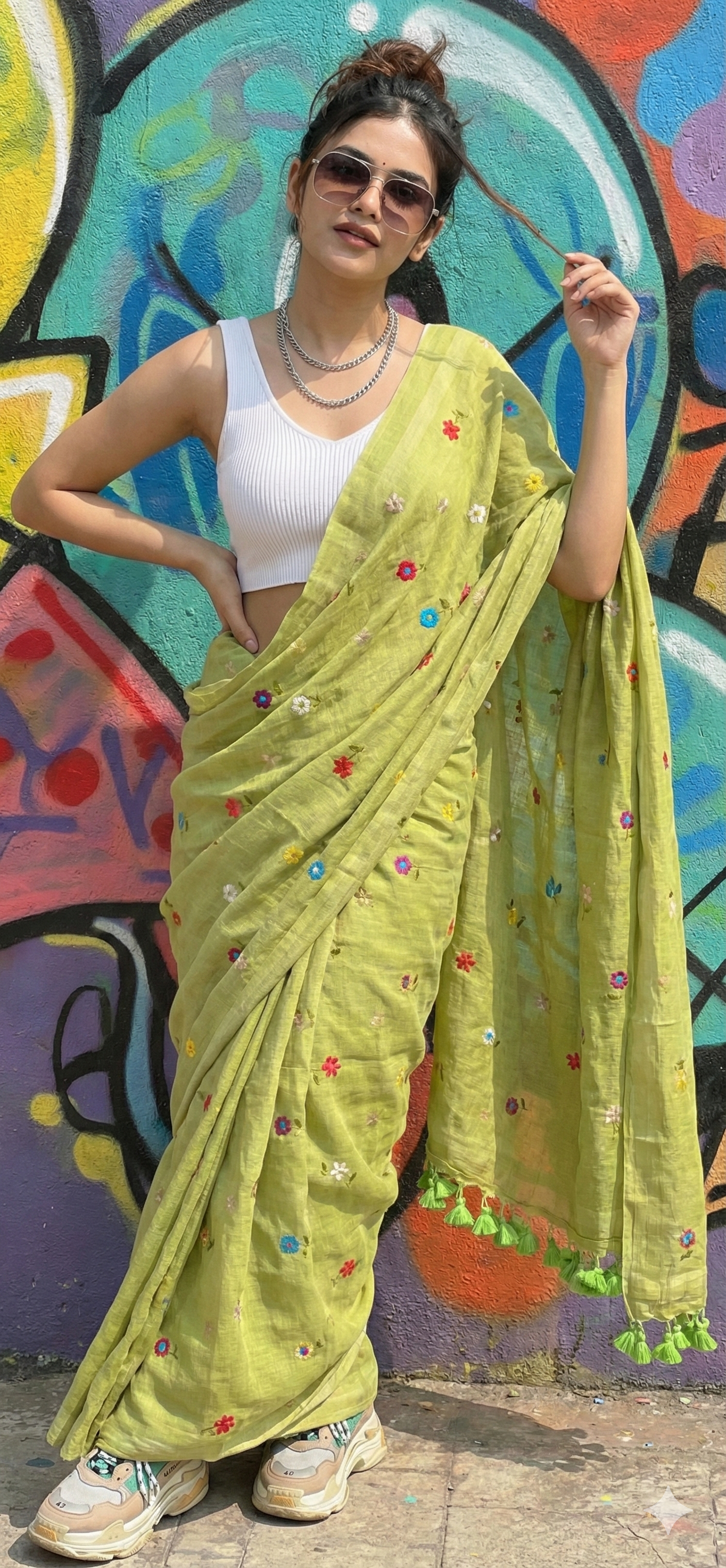 Light Green Saree with Multicolor Floral Embroidery and Stylish Tassel Pallu | Elegant Daily & Corporate Babe Wear