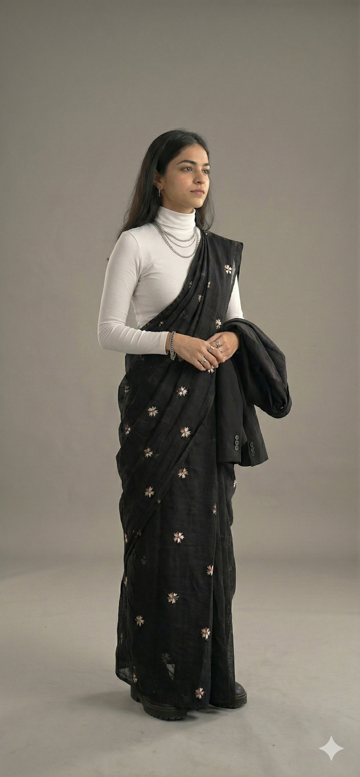 Black Saree with white Floral Embroidery and Stylish Tassel Pallu | Elegant Daily & Corporate Babe Wear