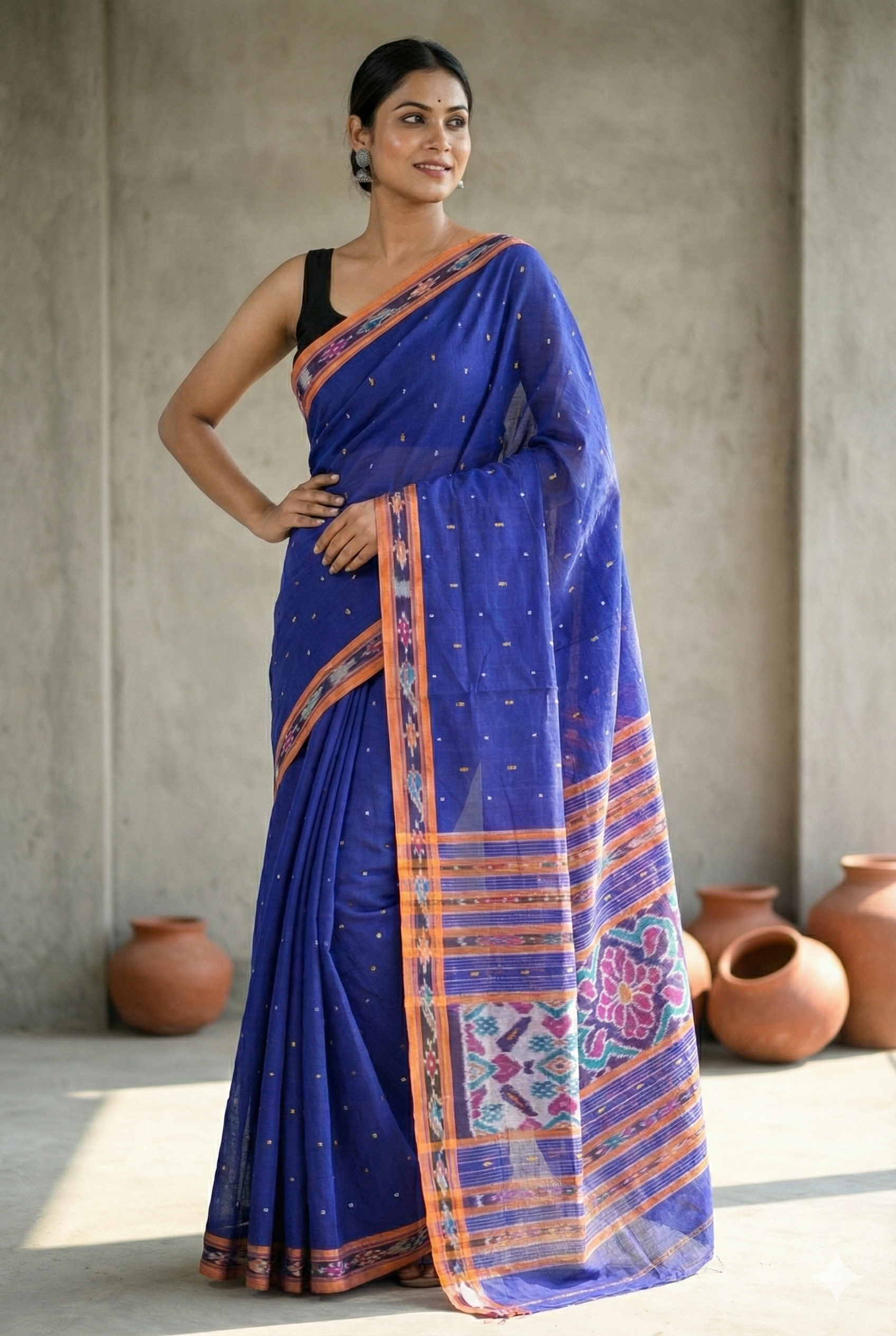 Authentic Blue & Orange Chadhei Pittala Single Cotton Saree | Traditional Odisha Ikat Handloom