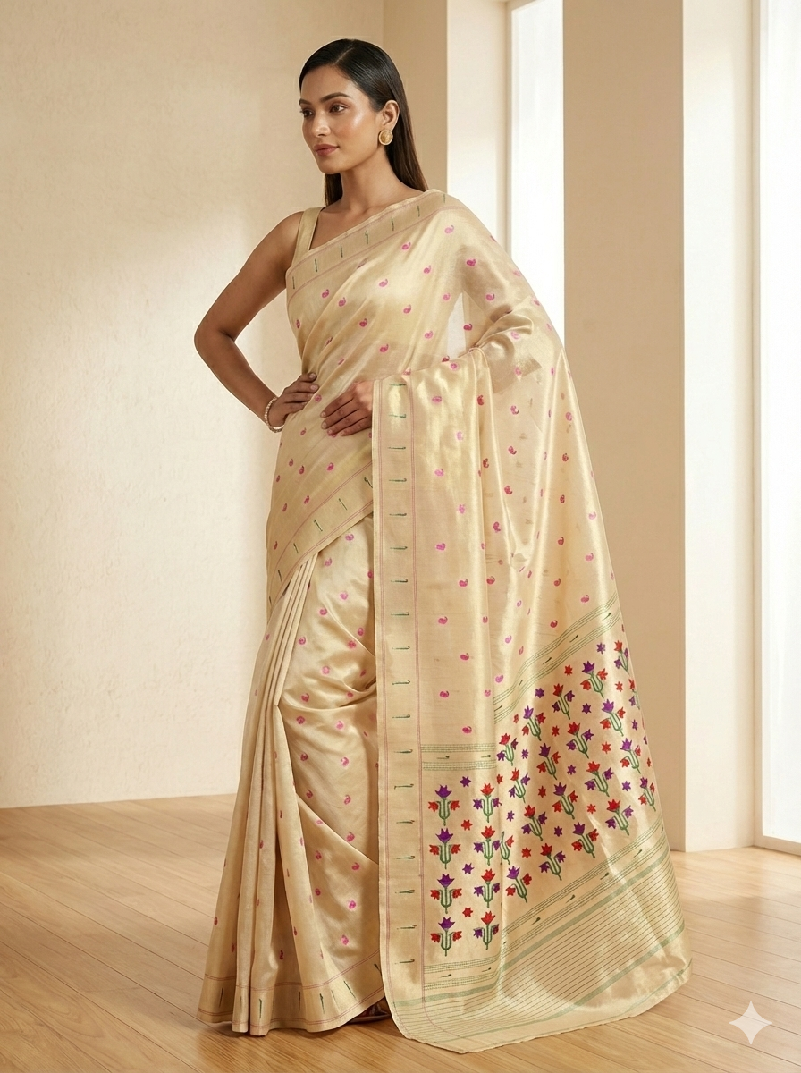 Premium Brocade Tissue Silk Paithani Saree with cream Zari Border & Multicolor Floral Pallu – Traditional Maharashtrian Handloom (Copy)