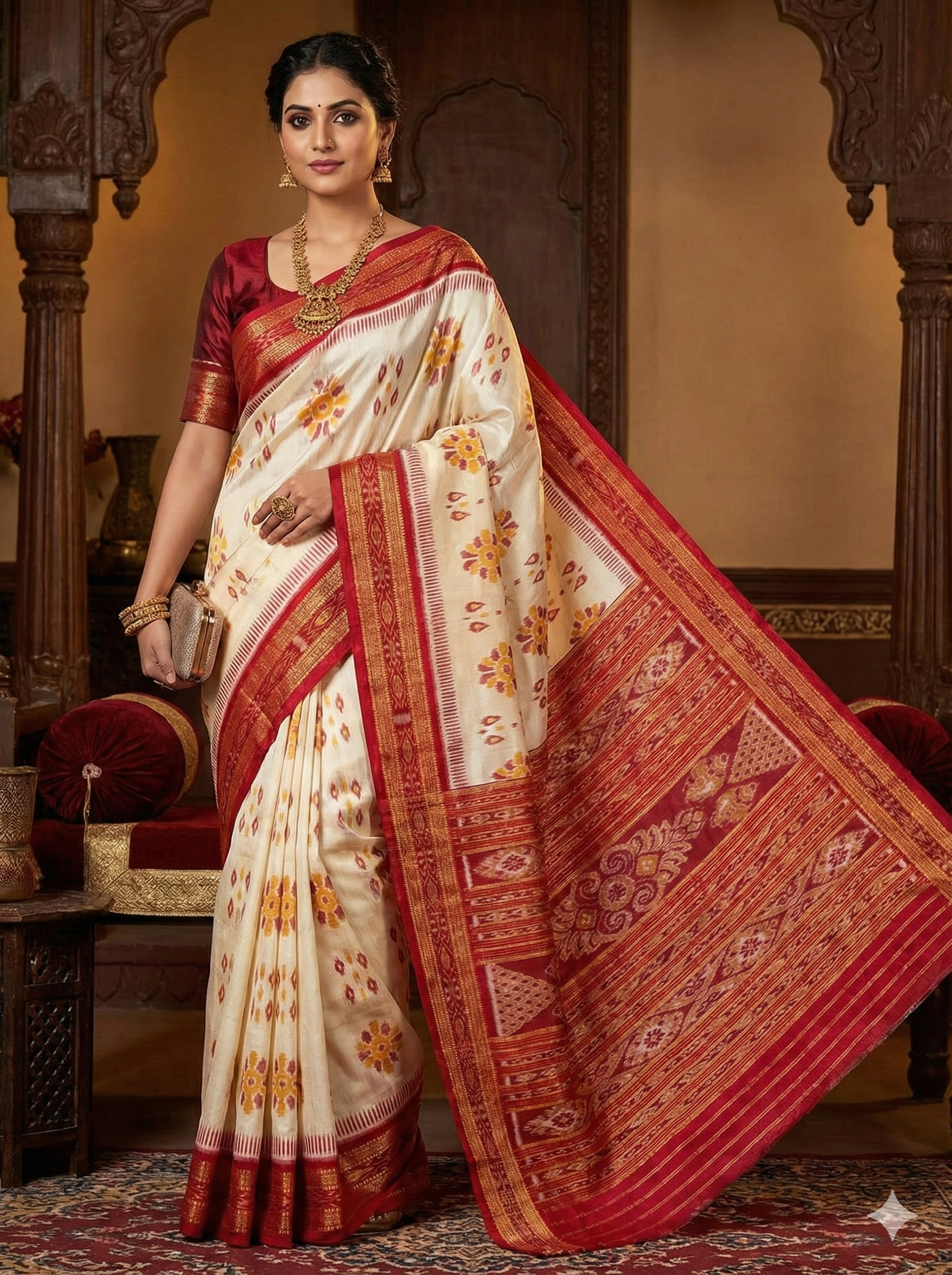 Authentic Bagambari Khandua Silk Saree – Cream & Red Heritage Handloom
