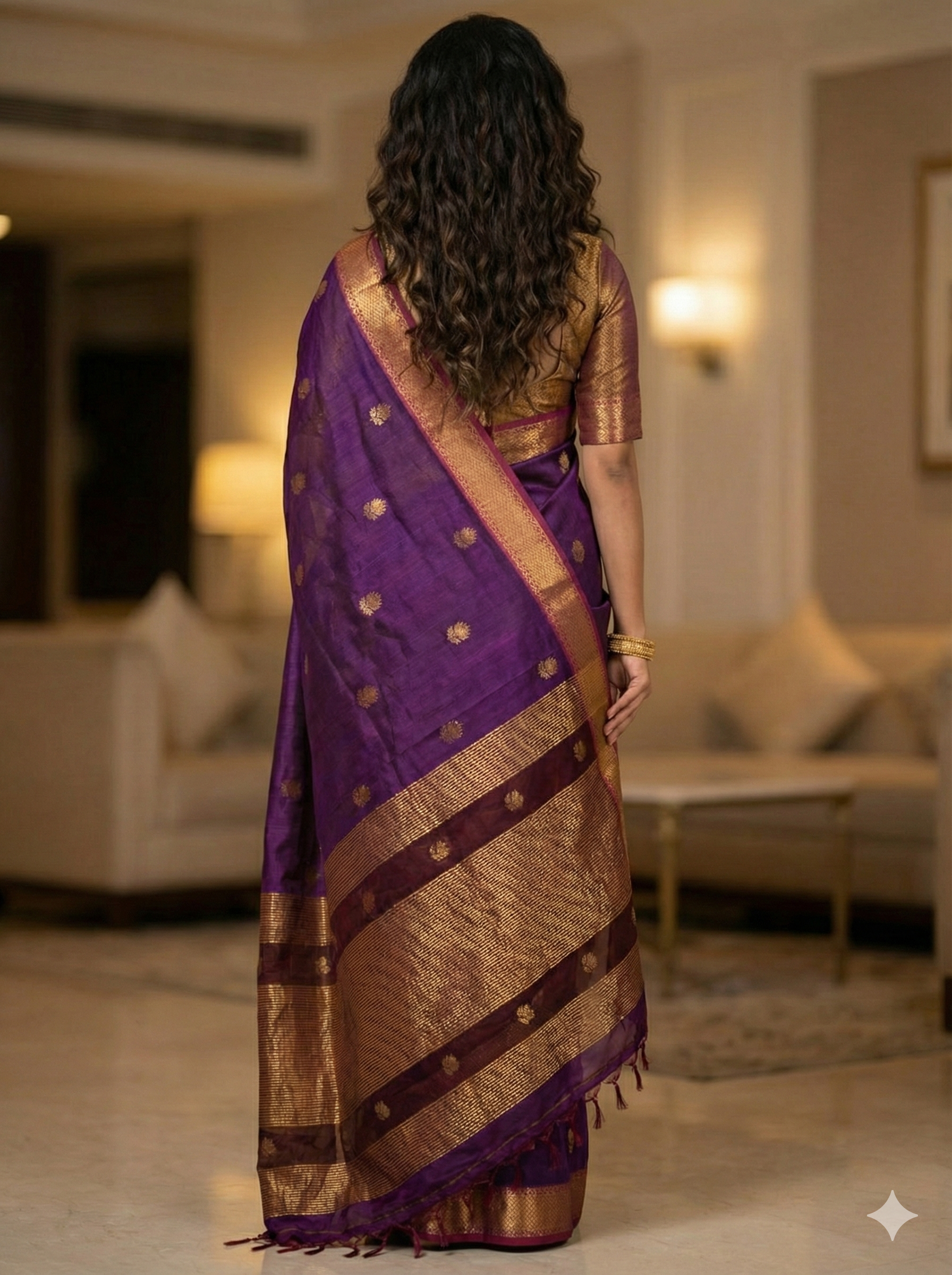 Handloom Regal Deep Purple Maheshwari Silk Cotton Saree with Rich Golden Zari Work