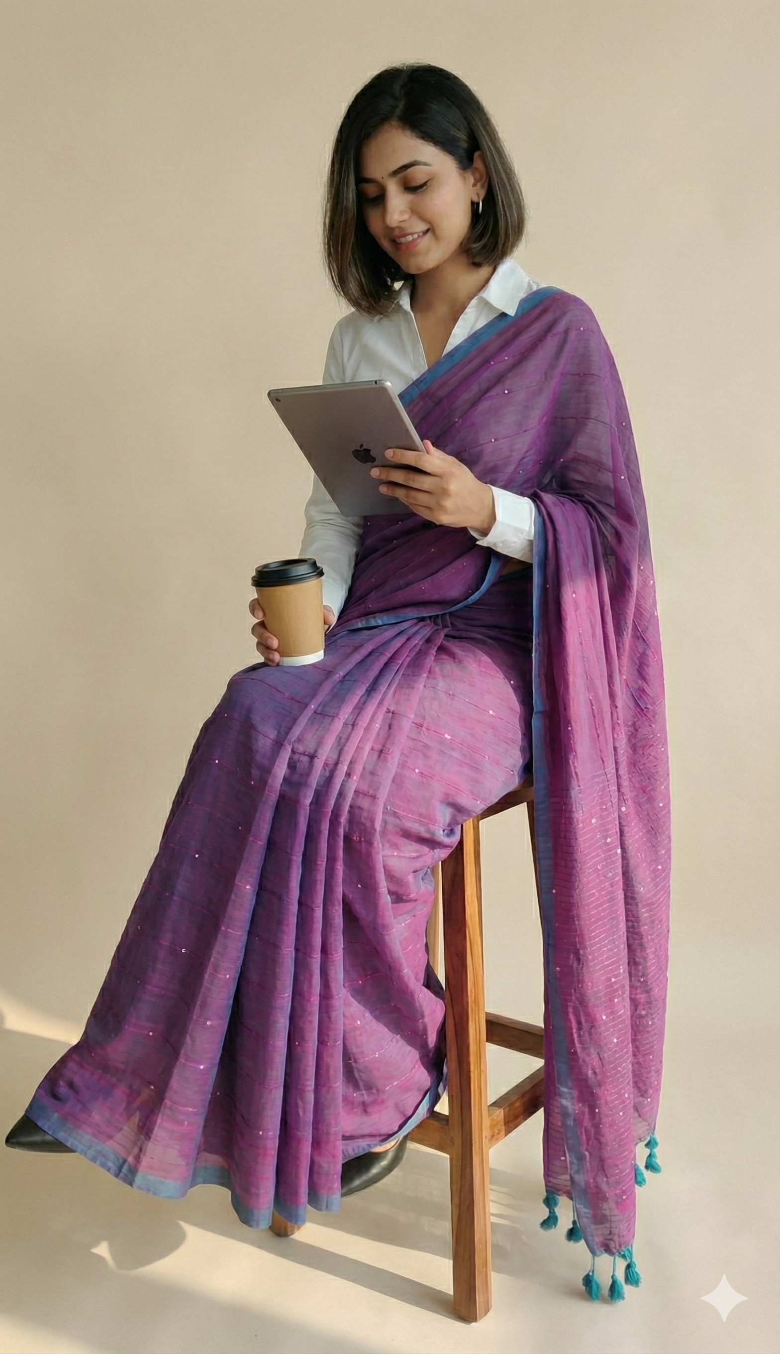 Magenta Body with Purple Undertone Dual Tone Mul Cotton Saree with Subtle Sequin Detailing