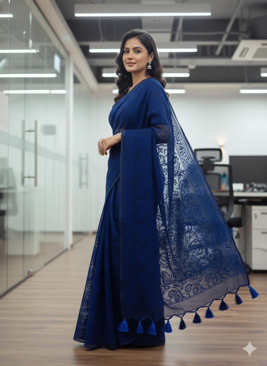 Navy-Blue Mul Cotton Chikankari Saree – Elegant Handcrafted Corporate Wear with Tassels