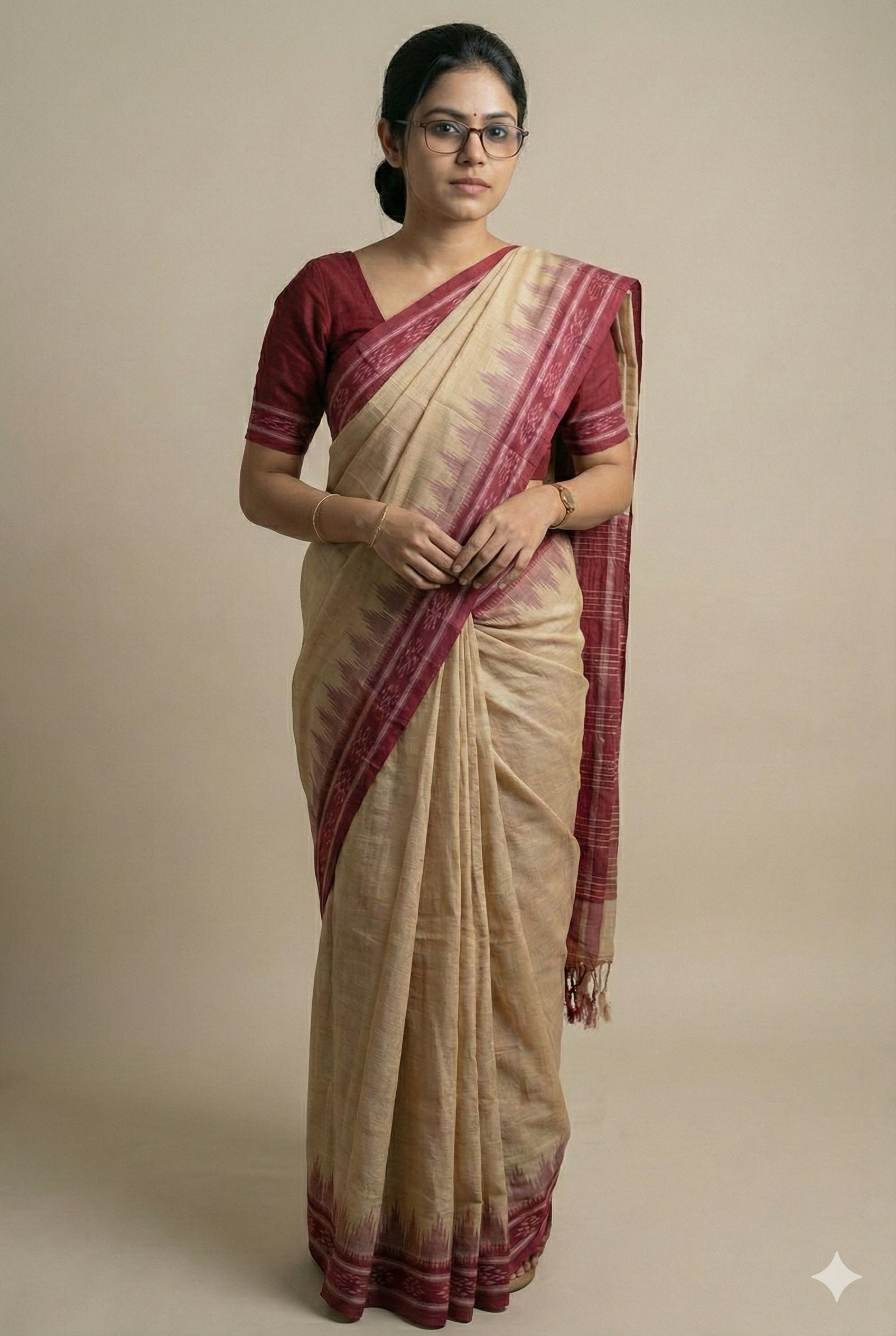 Authentic Odisha Khandua Cotton Saree - Cream Body with Maroon Flower Border and Ikat Pallu