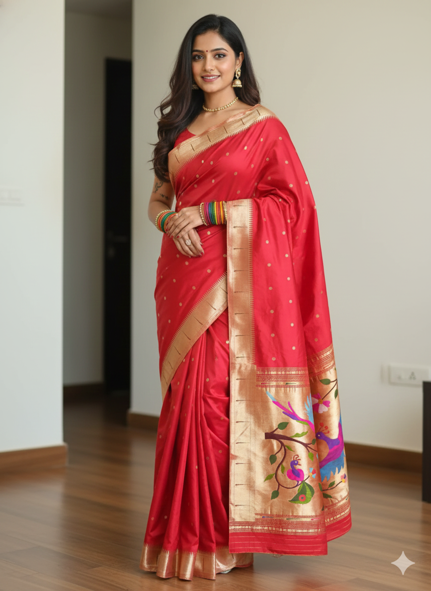 Red Single munia Silk Paithani Saree – A Royal Maharashtrian Legacy