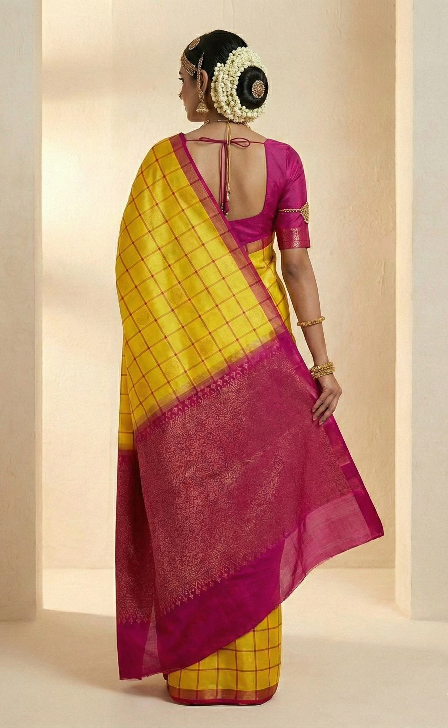 Radiant Yellow & Magenta Soft Silk Sheen handloom Saree with Classic Kattam Checks and Rich Zari Border