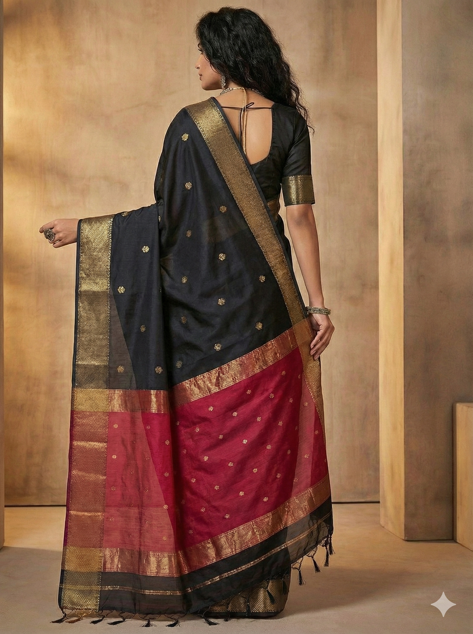 Handloom Exquisite Maheshwari Cotton Silk Saree - Black and Rani Pink Ruhiful Design