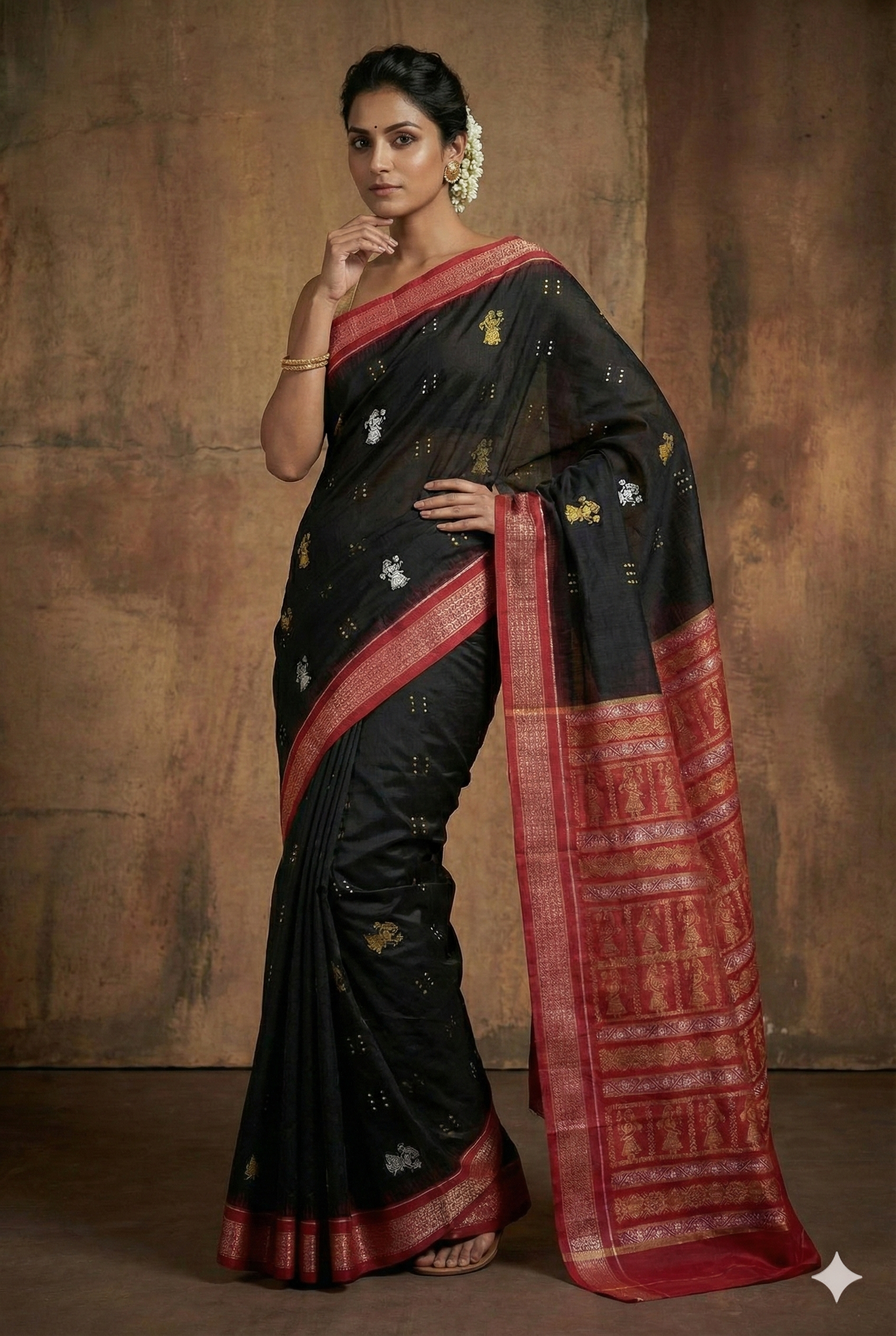 Bomkai Cotton Saree in Royal Black | Authentic Odisha Handloom Saree