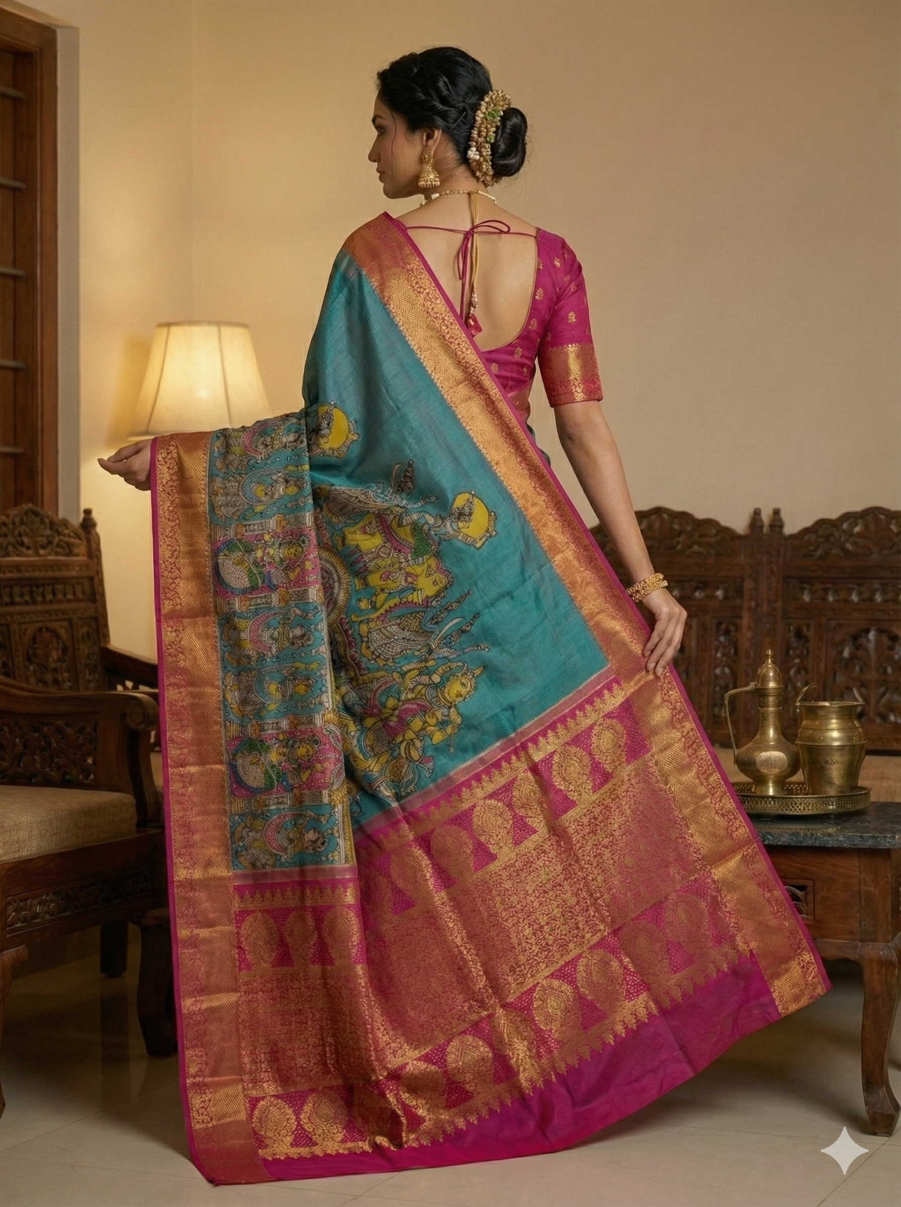 Teal Blue Pen Kalamkari Kanchipuram Silk Saree - Krishna Leela & Temple Design