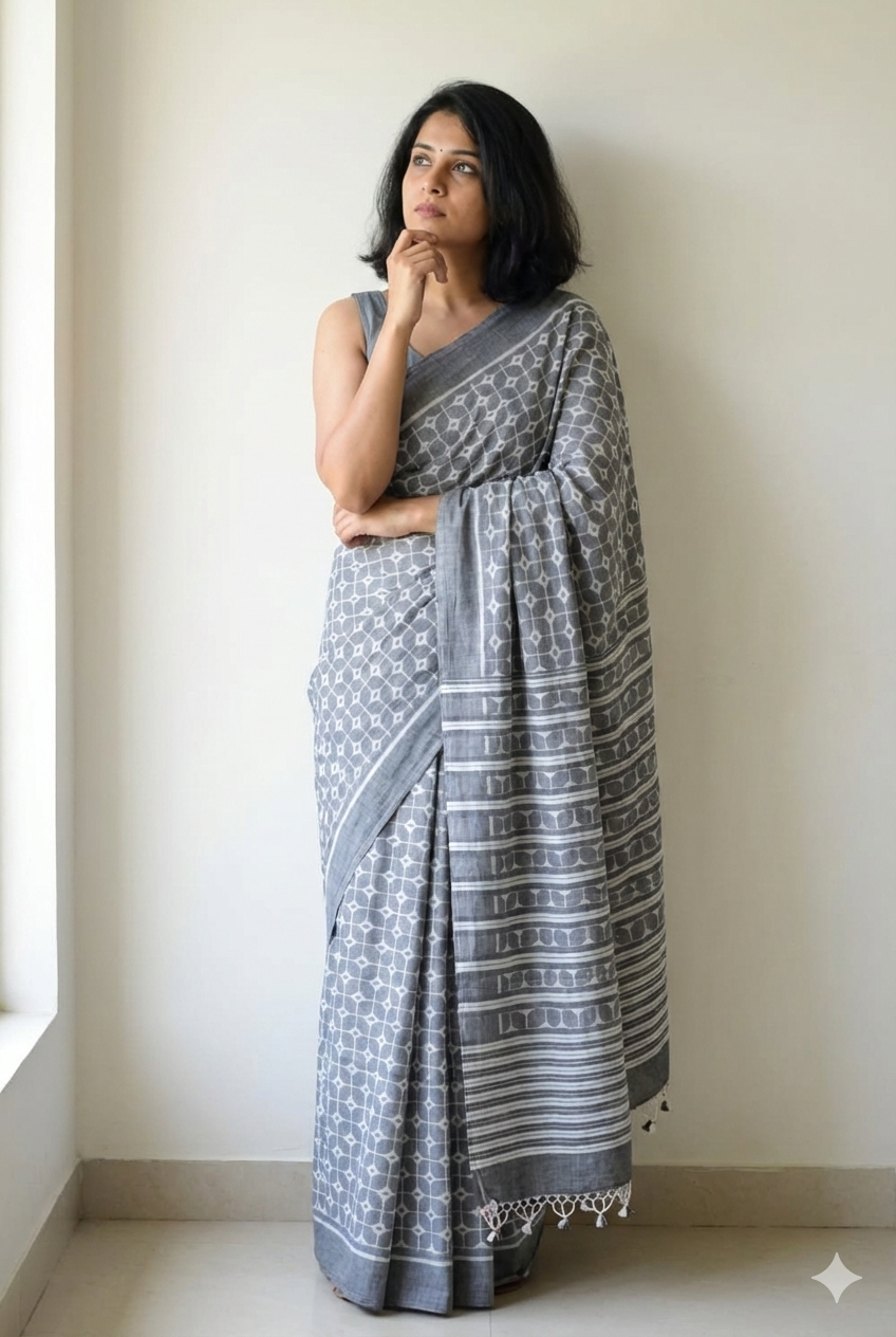 Authentic Odisha Handloom Grey Khandua Cotton Saree with White Chessboard Thikiri Pattern