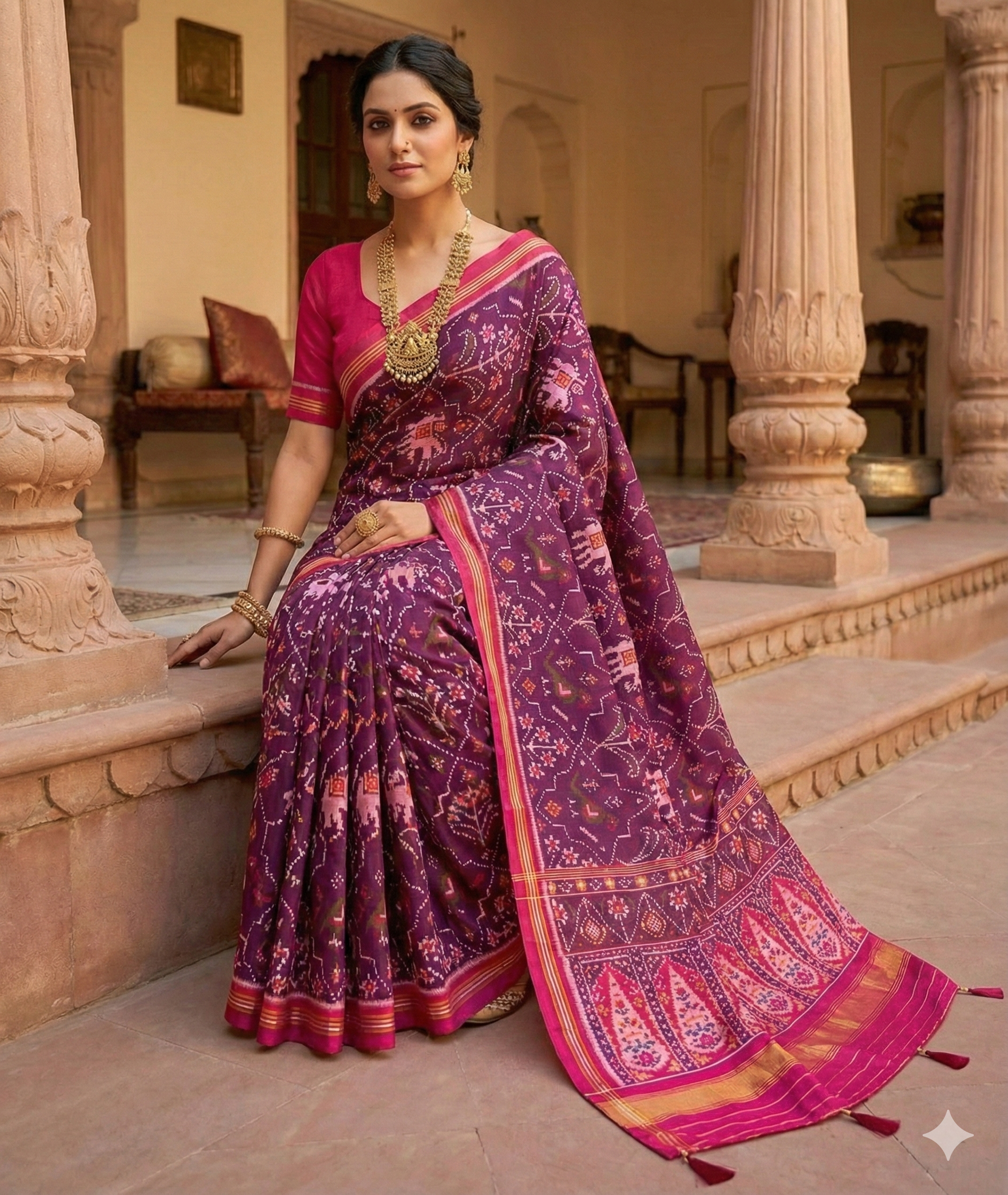 Deep Wine Purple Ikat Saree with Elephant Motifs & Grand Paisley Pallu