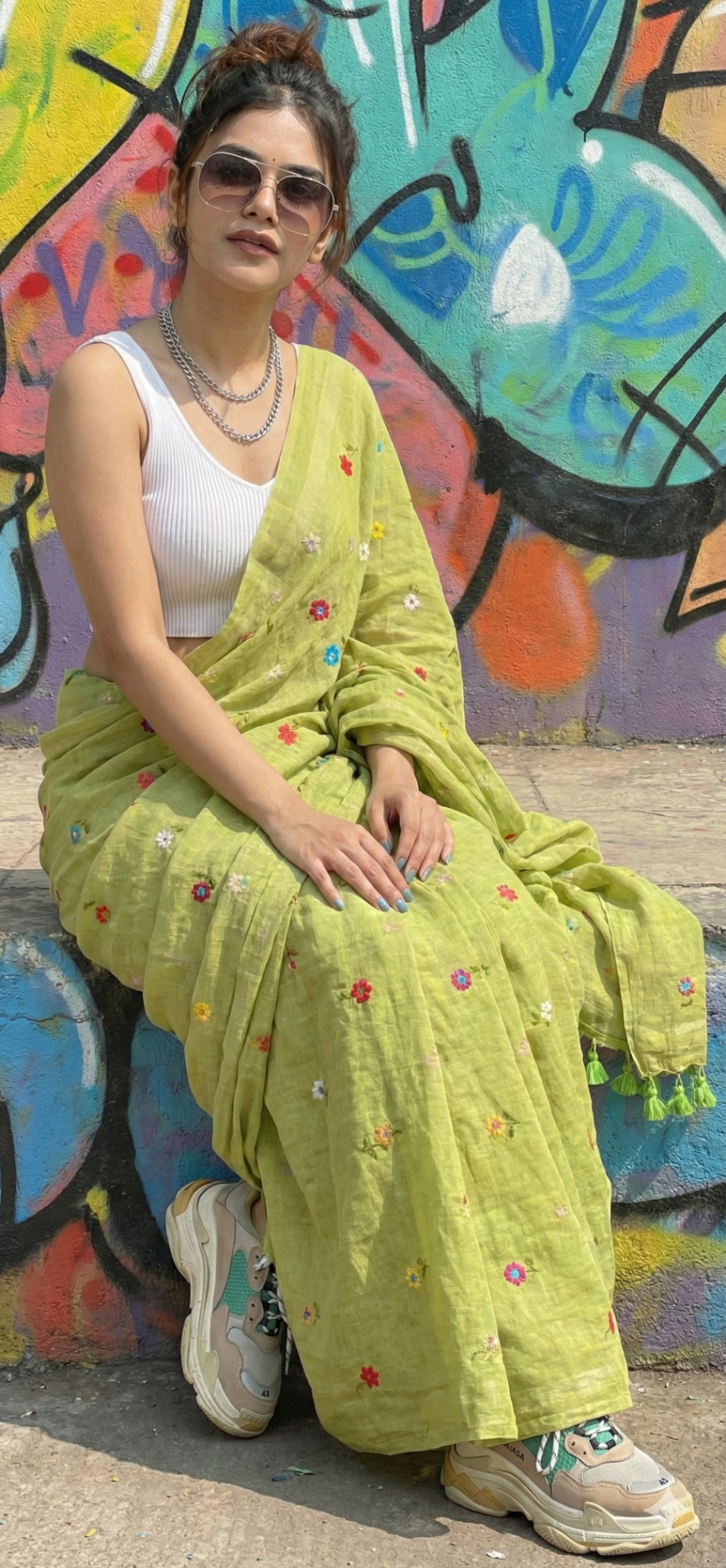 Light Green Saree with Multicolor Floral Embroidery and Stylish Tassel Pallu | Elegant Daily & Corporate Babe Wear