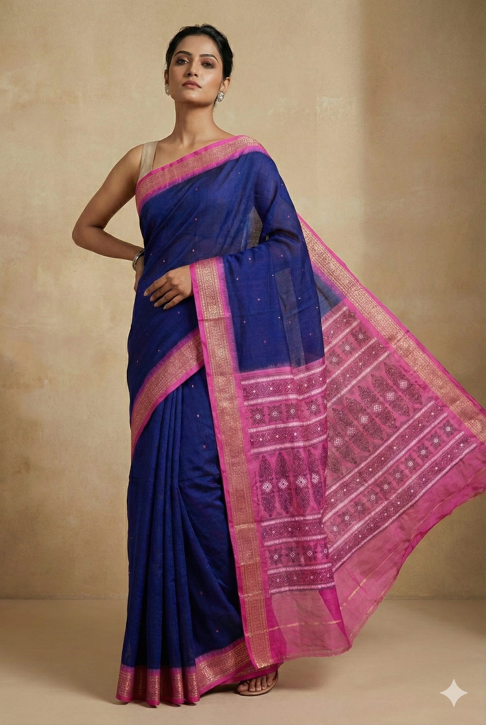 Bomkai Cotton Saree in Royal Blue & Pink | Authentic Odisha Handloom Saree