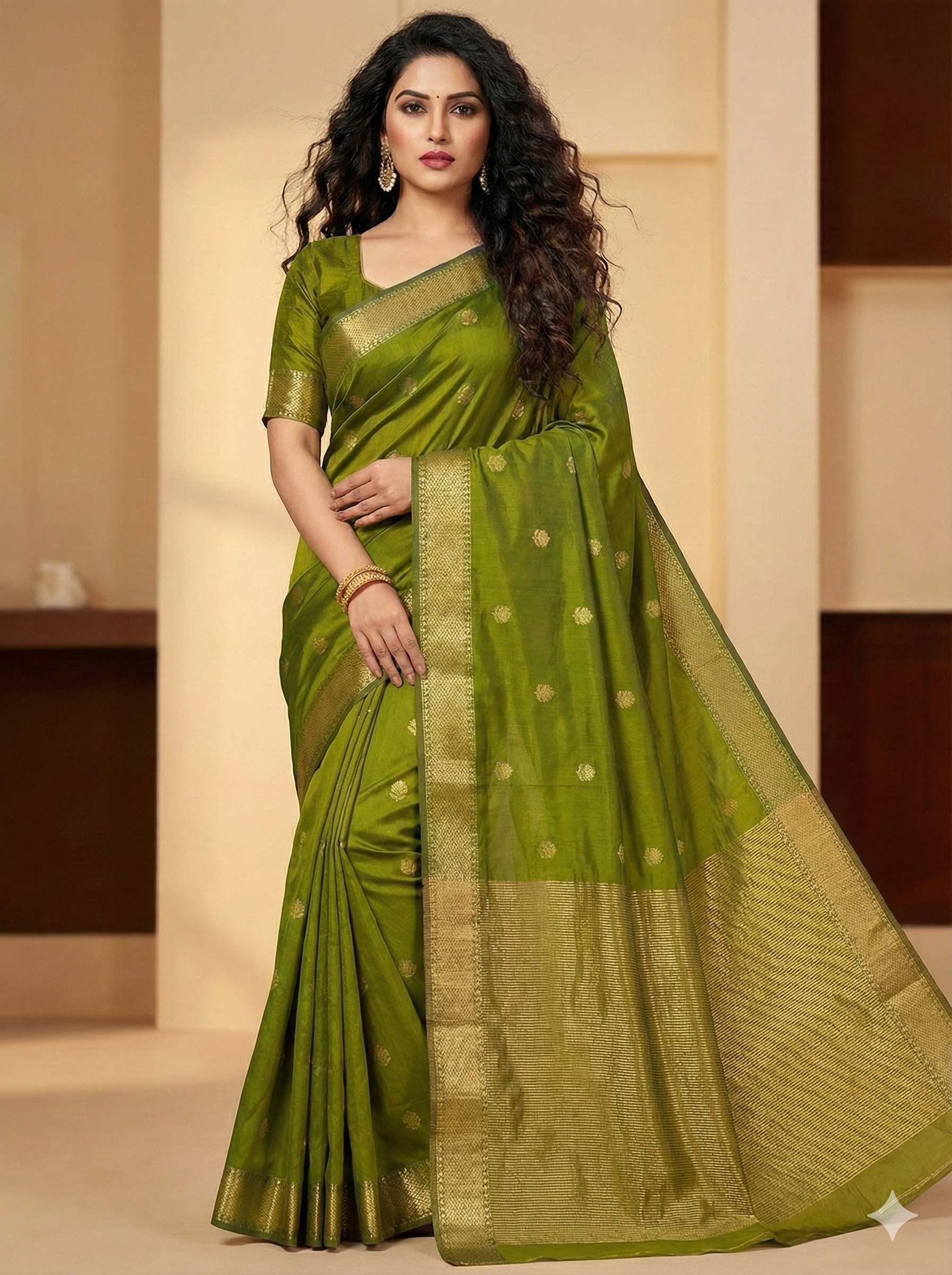 Handloom Parrot Green Maheshwari Silk Cotton Saree with Lotus Boota & Zari Border – Traditional Dobby Weave