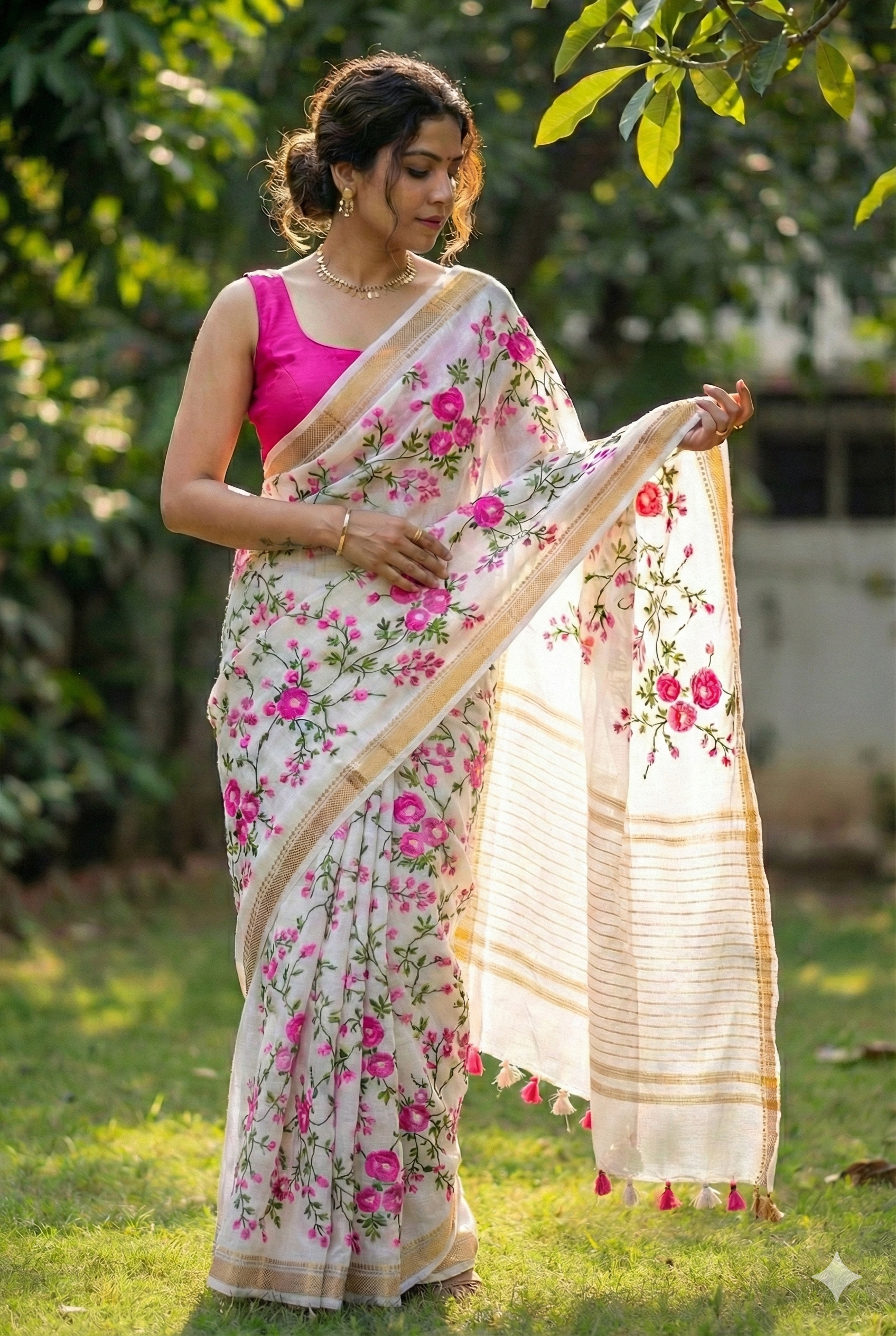Hand-Embroidered White Silk Linen Saree with Pink Floral Embroidery & Gold Zari Border