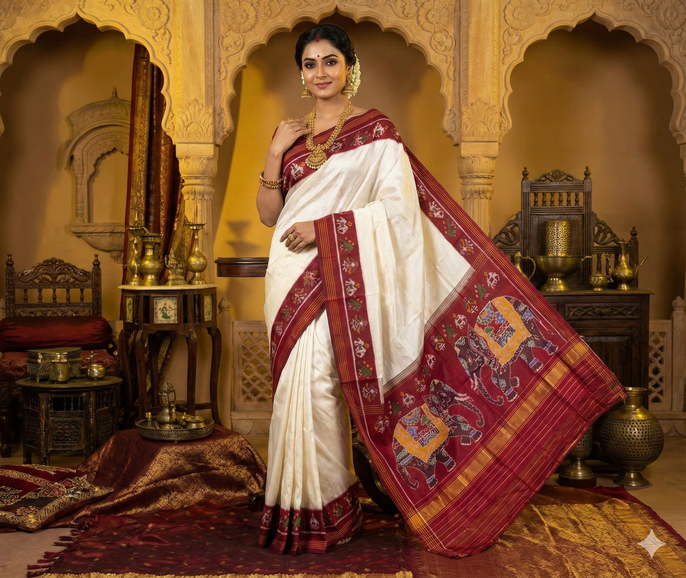 Semi Double Ikat Pure Silk Saree with Traditional Elephant Motifs and Rich Zari Border – Perfect for Weddings & Festive Wear