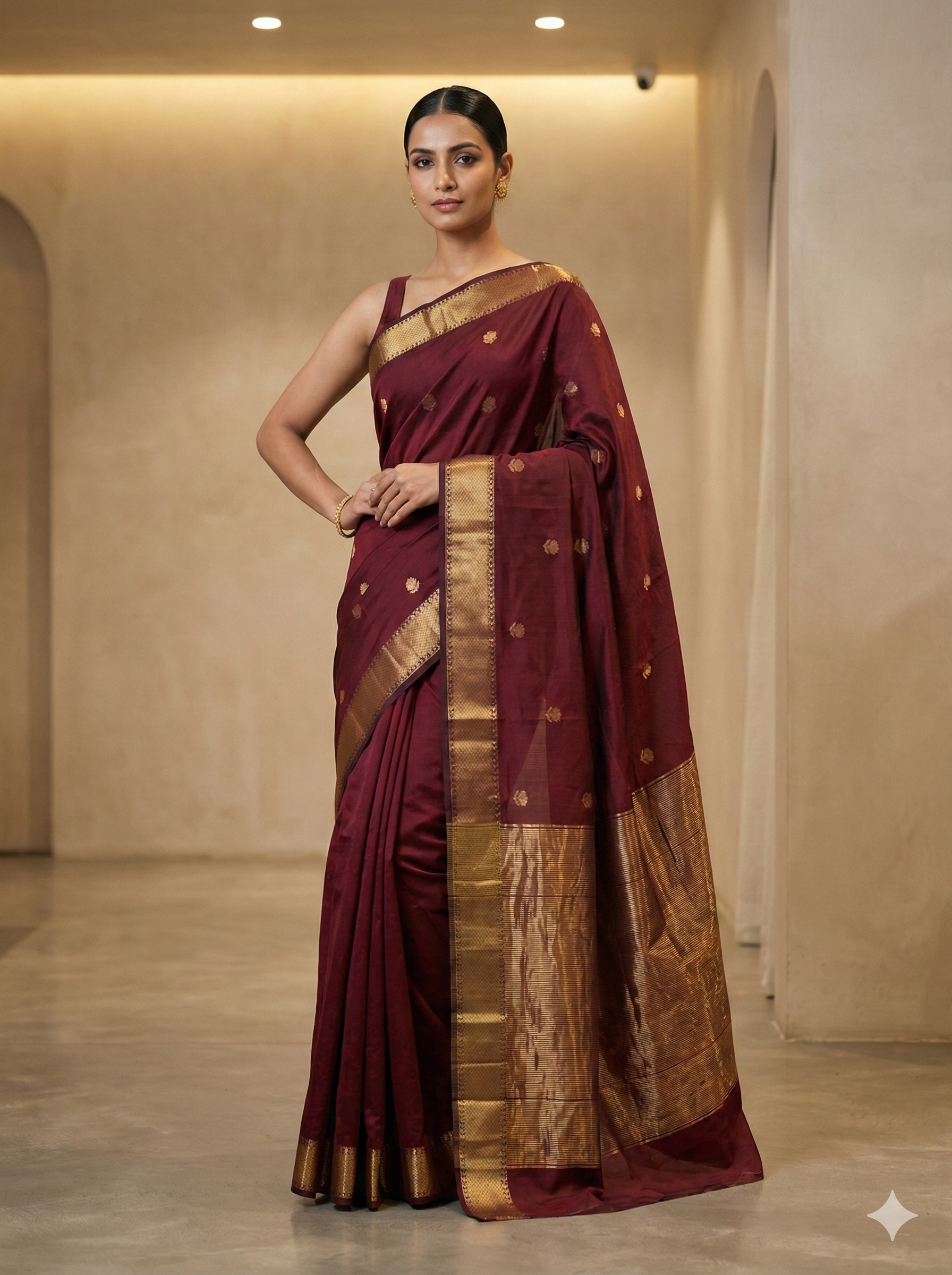 Handloom Exquisite Deep Maroon Silk-Blend Maheshwari Silk Cotton Saree with Rich Golden Zari Work