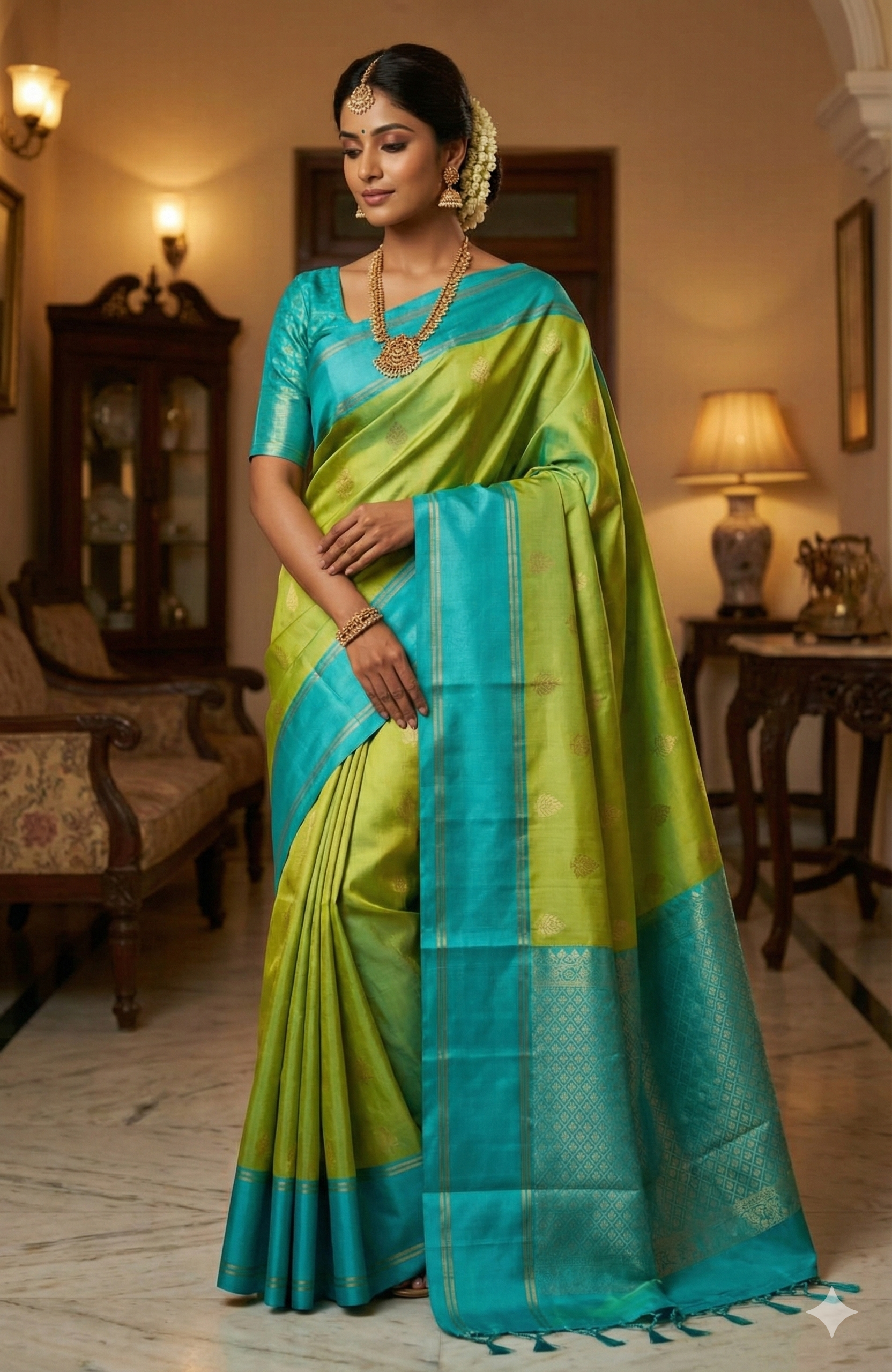 Ethereal Lime Green & Turquoise Blue Kanjivaram Silk Saree "Where Vibrant Hues Meet Divine Craftsmanship"