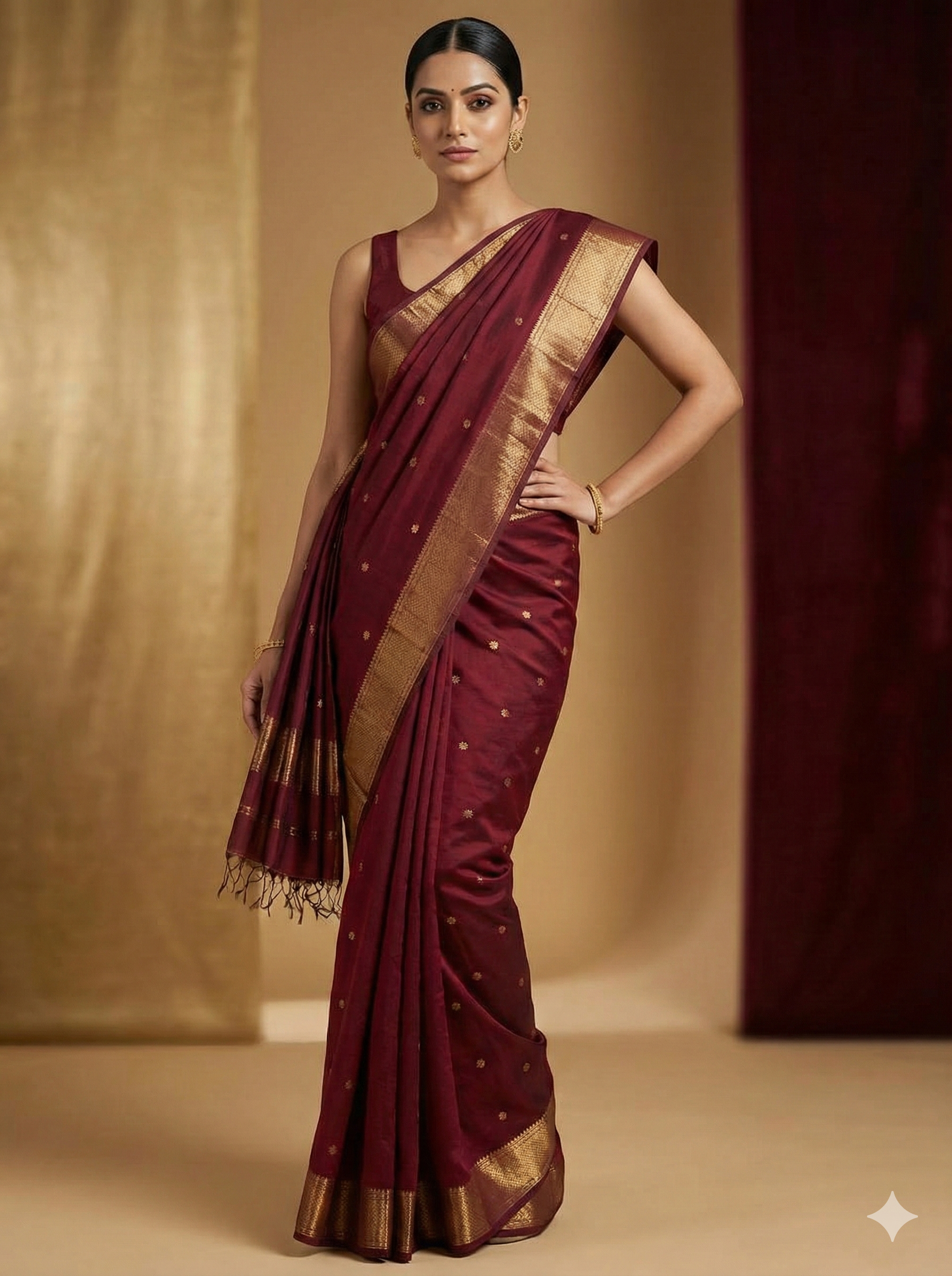 Deep Maroon Handloom Maheshwari Silk Cotton Saree with Gold Zari Butta
