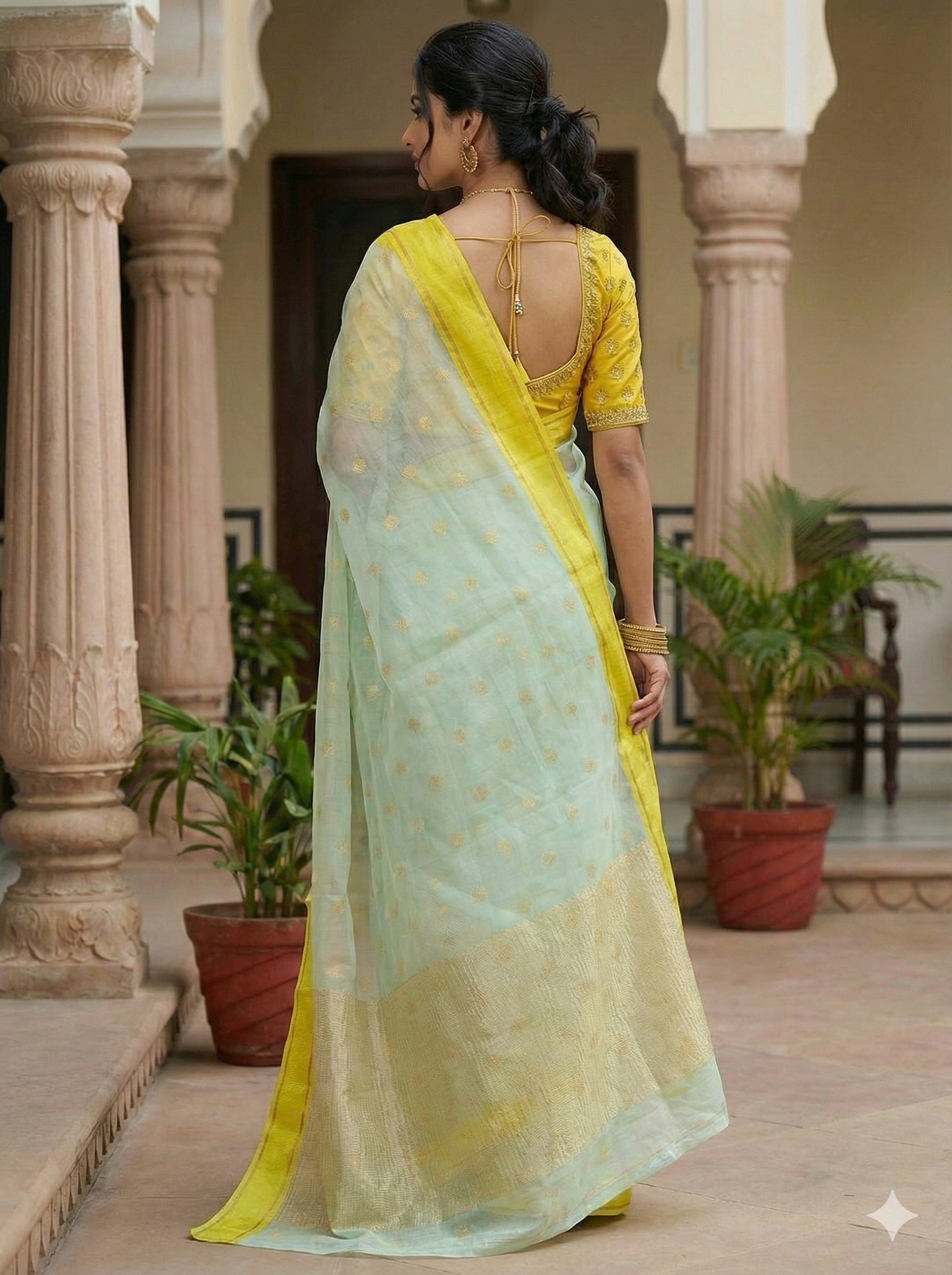 Premium Seafoam Green and Yellow Katan Silk Organza Chanderi Saree with Pattu Silk Borders and Rich Zari Pallu