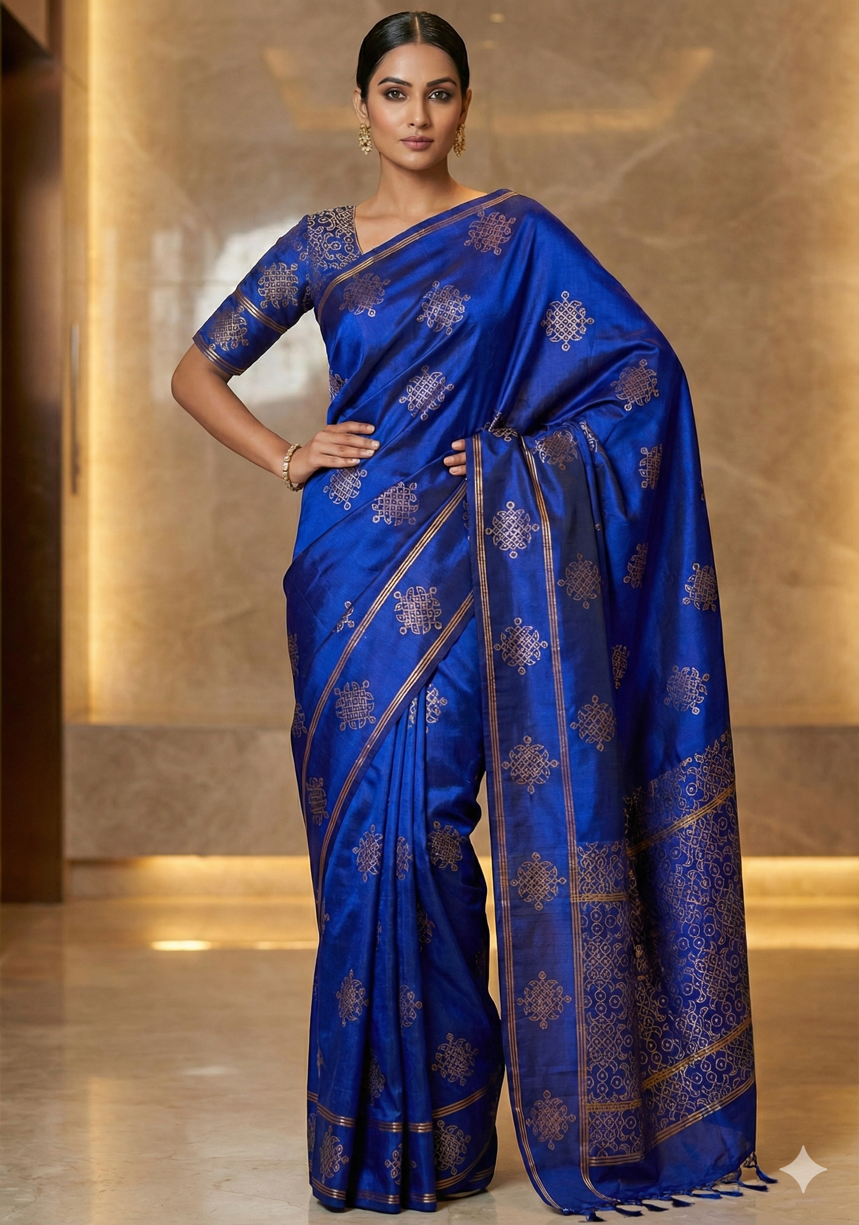 Royal Blue Soft Silk Handloom Saree with Koolam Putta Gold & Silver Zari
