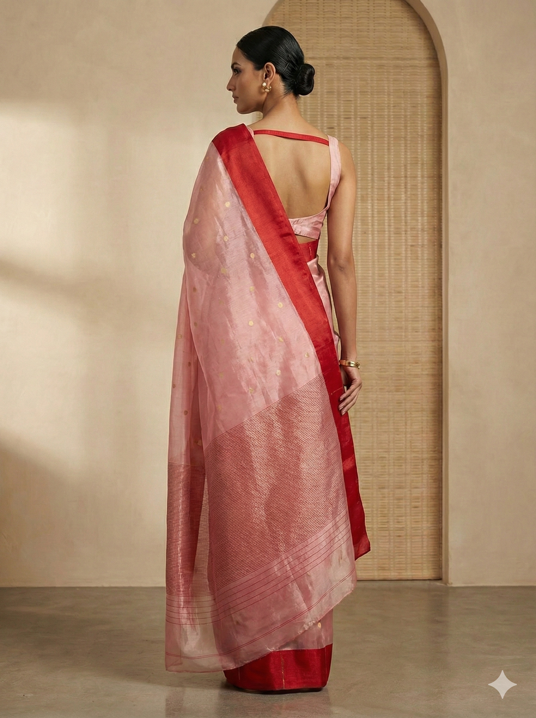 Elegant Pink Organza Silk Chanderi Saree with Gold Polka Dots and Wide Red Zari Border - Festive & Party Wear