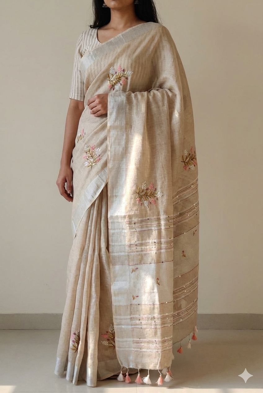 Handcrafted Beige Linen Saree with French Knot Floral Embroidery and Sequin Pallu