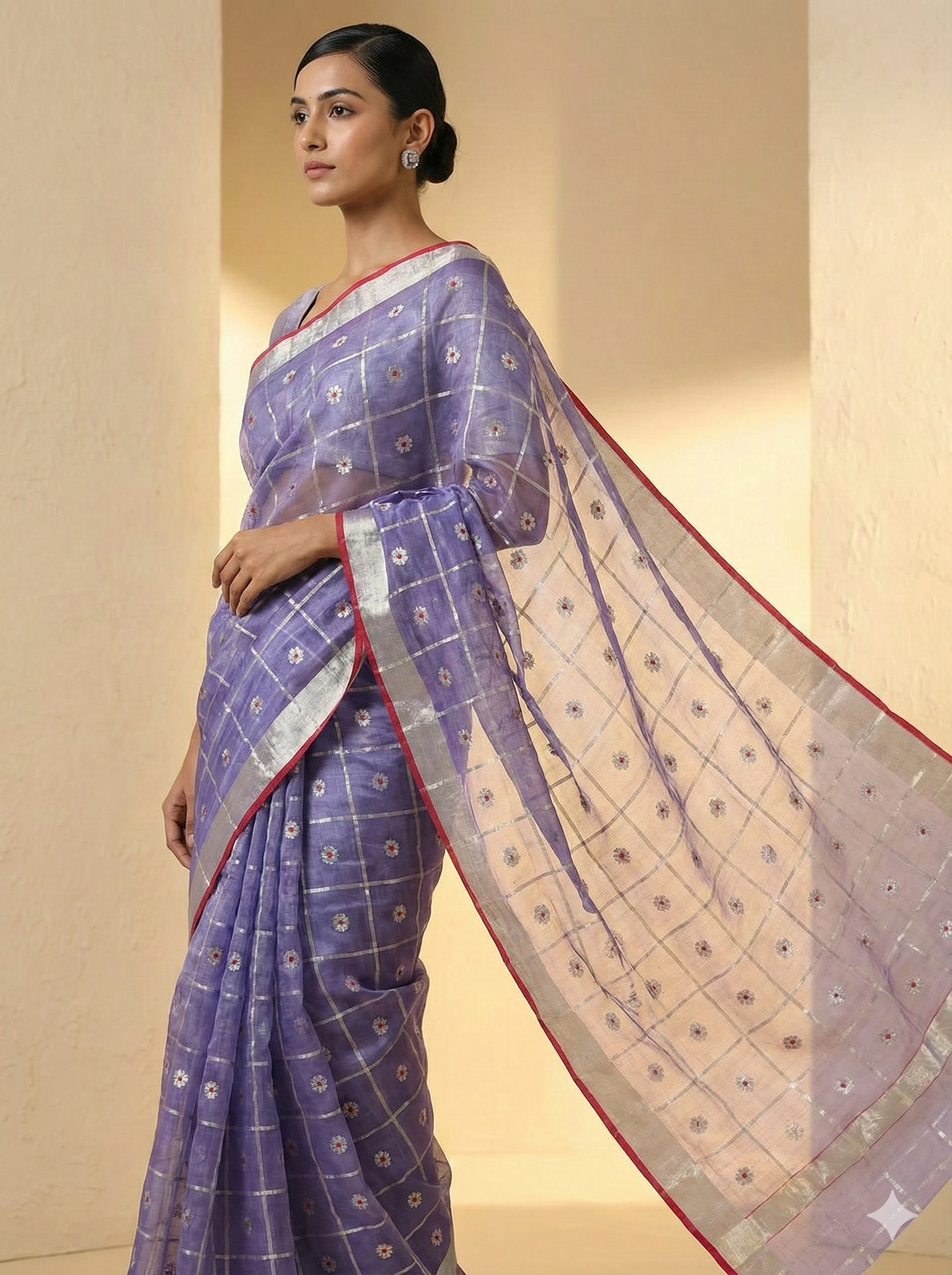 Premium unique Blue Organza Katan Silk Chanderi Saree with Silver Zari Checks & Floral Buttas| SUTA‑SAGA
