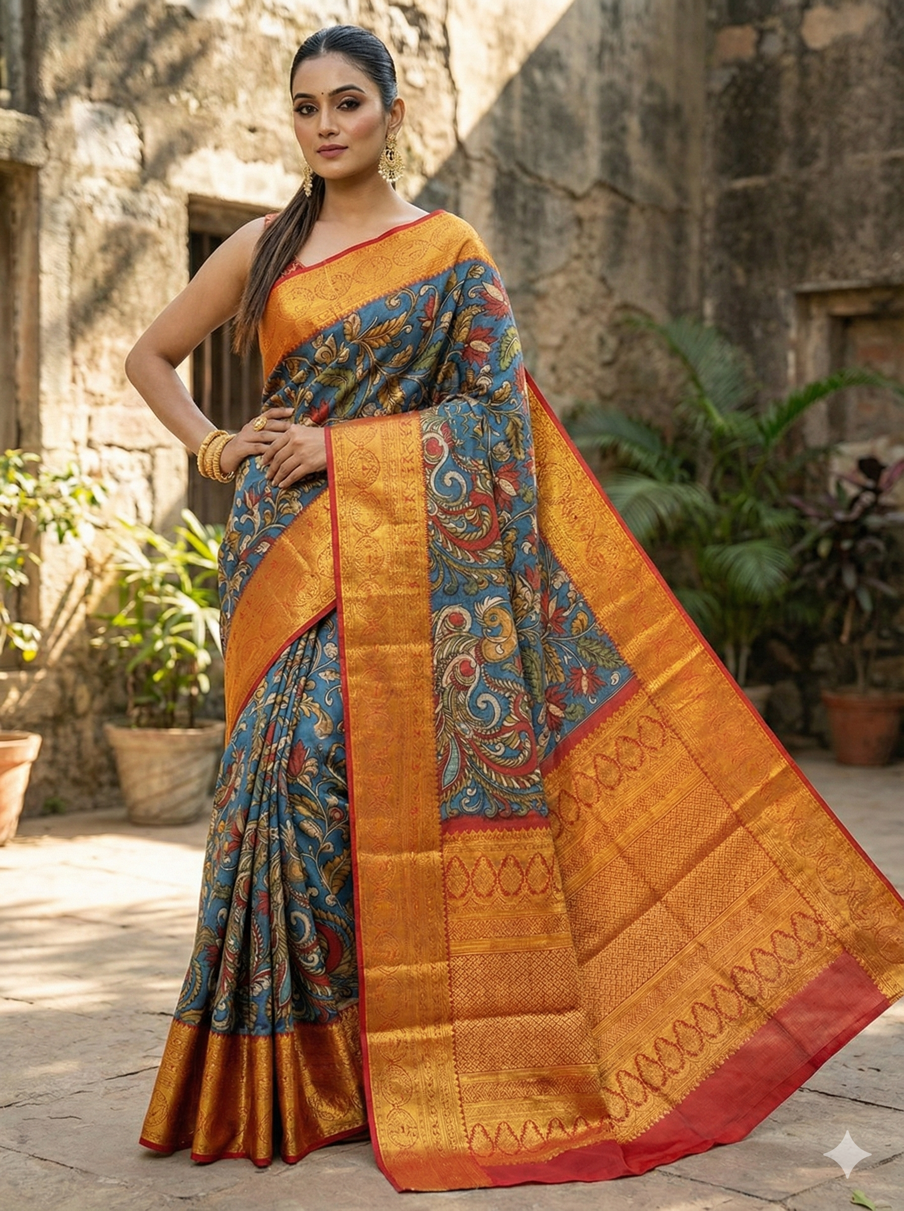 Indigo Blue Pen Kalamkari Kanchipuram Silk Saree – Peacock Motif & Big Zari Border