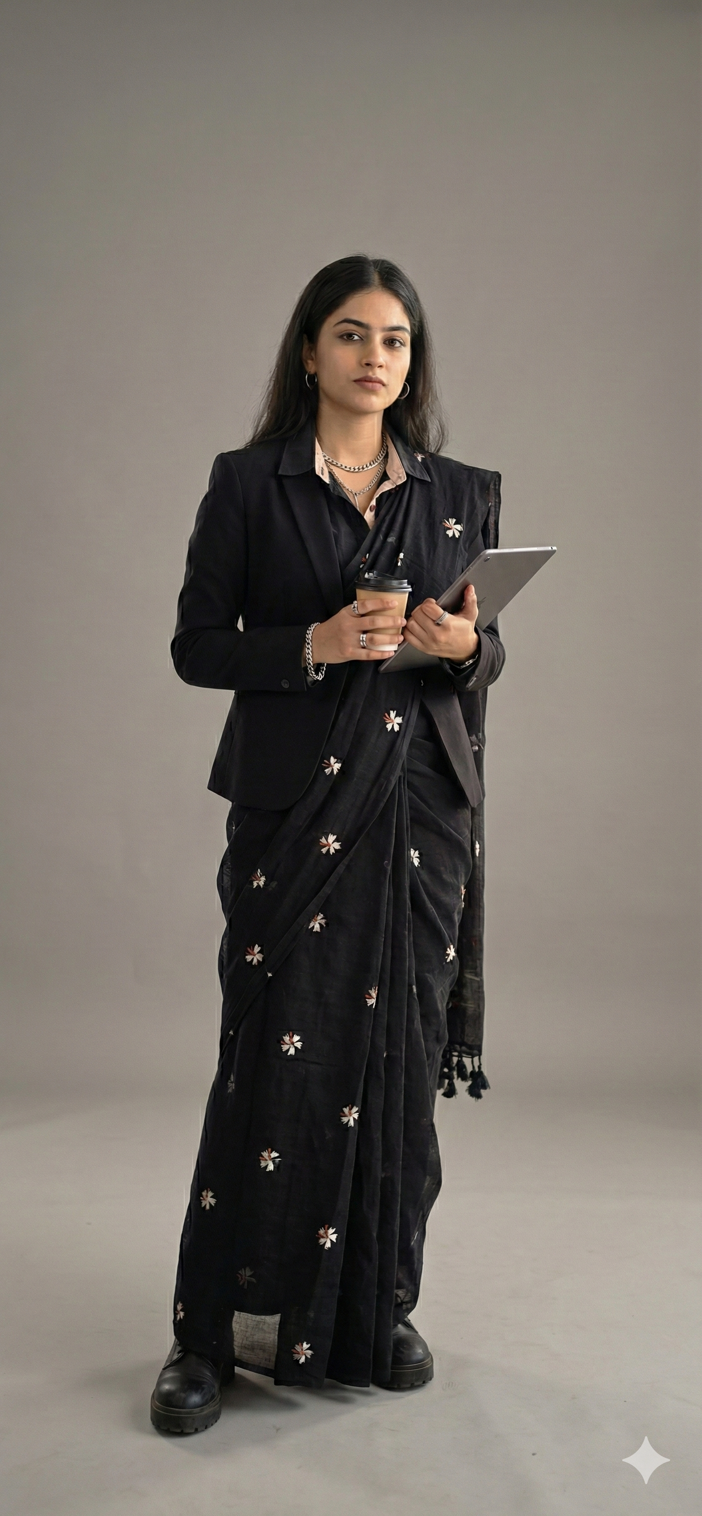 Black Saree with white Floral Embroidery and Stylish Tassel Pallu | Elegant Daily & Corporate Babe Wear