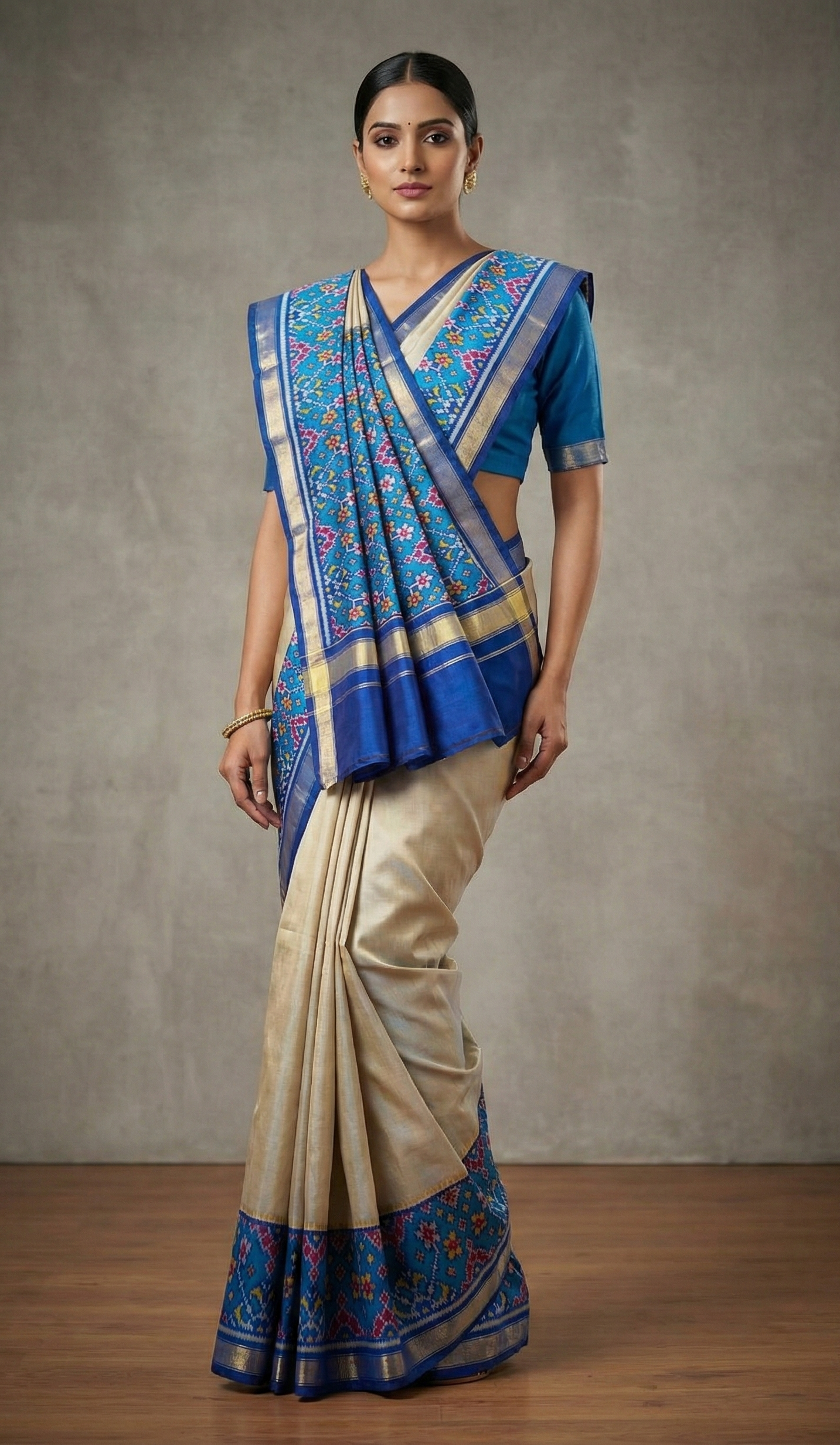Exquisite Silver-Grey & Royal Blue Single Ikat Patola Sheen Silk Handloom Saree with Geometric Floral Borders