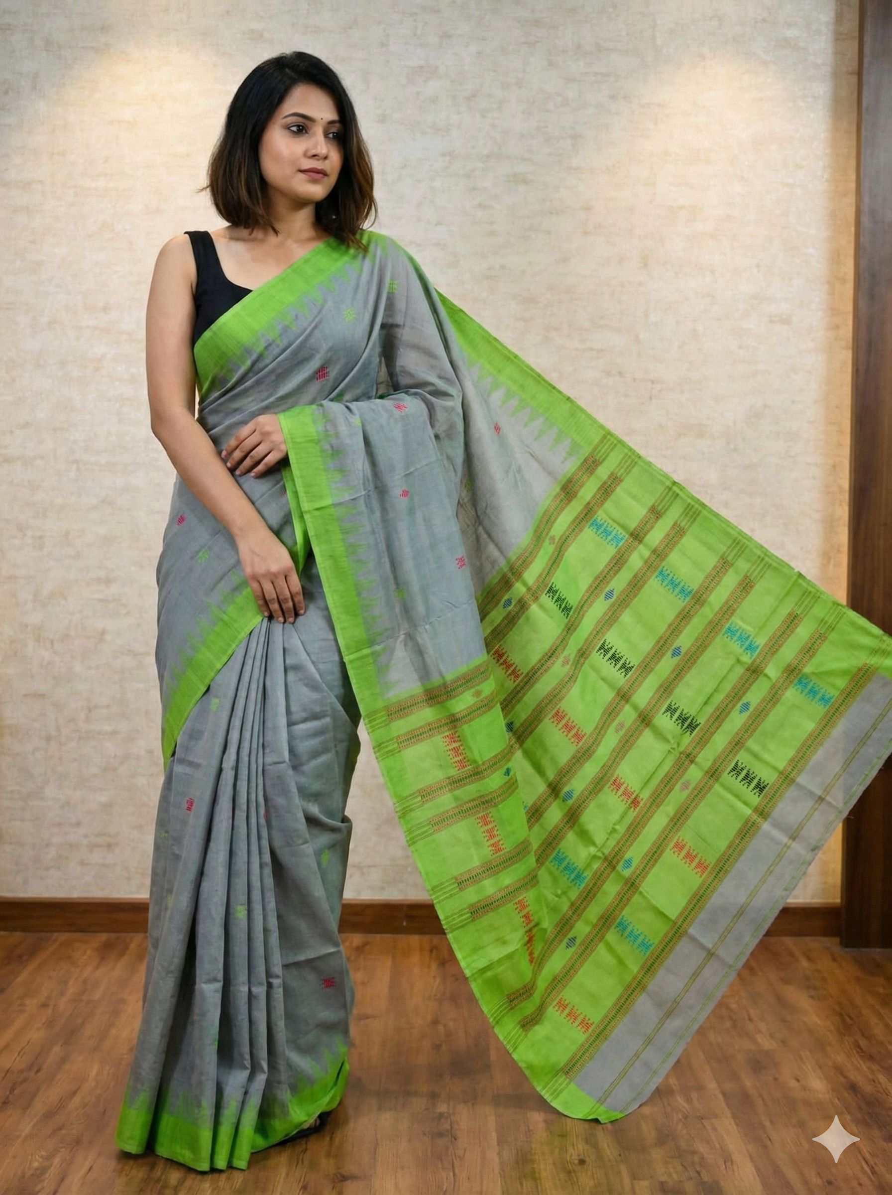 Exclusive Sambalpuri Fudakumbha Cotton Saree | Tribal Kotpad & Habaspuri Fusion Design | Grey & Lime Green Handloom