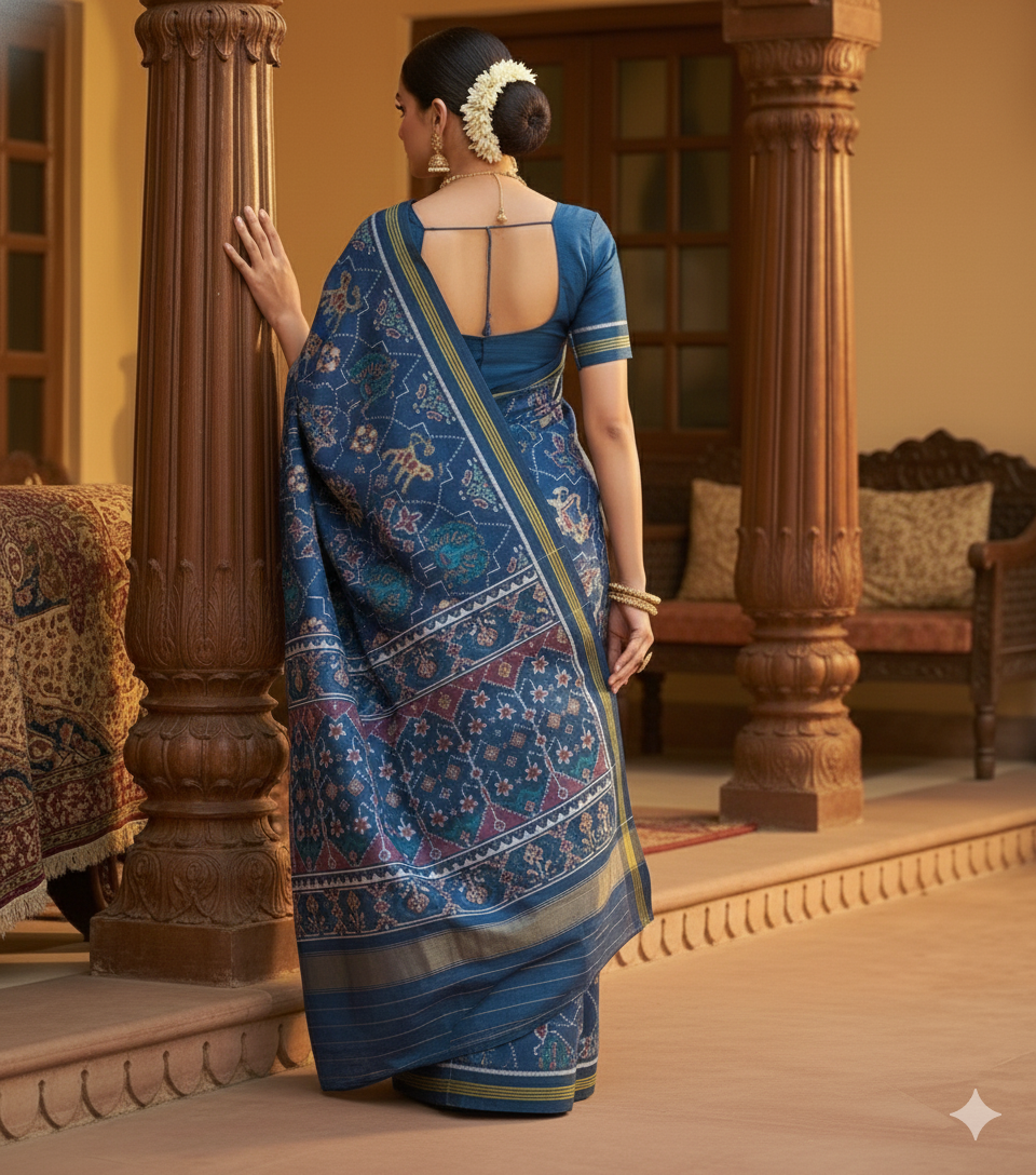 Teal Blue Patola Silk Saree with Elephant and Floral Motifs – Handwoven Single Ikat inspired Design
