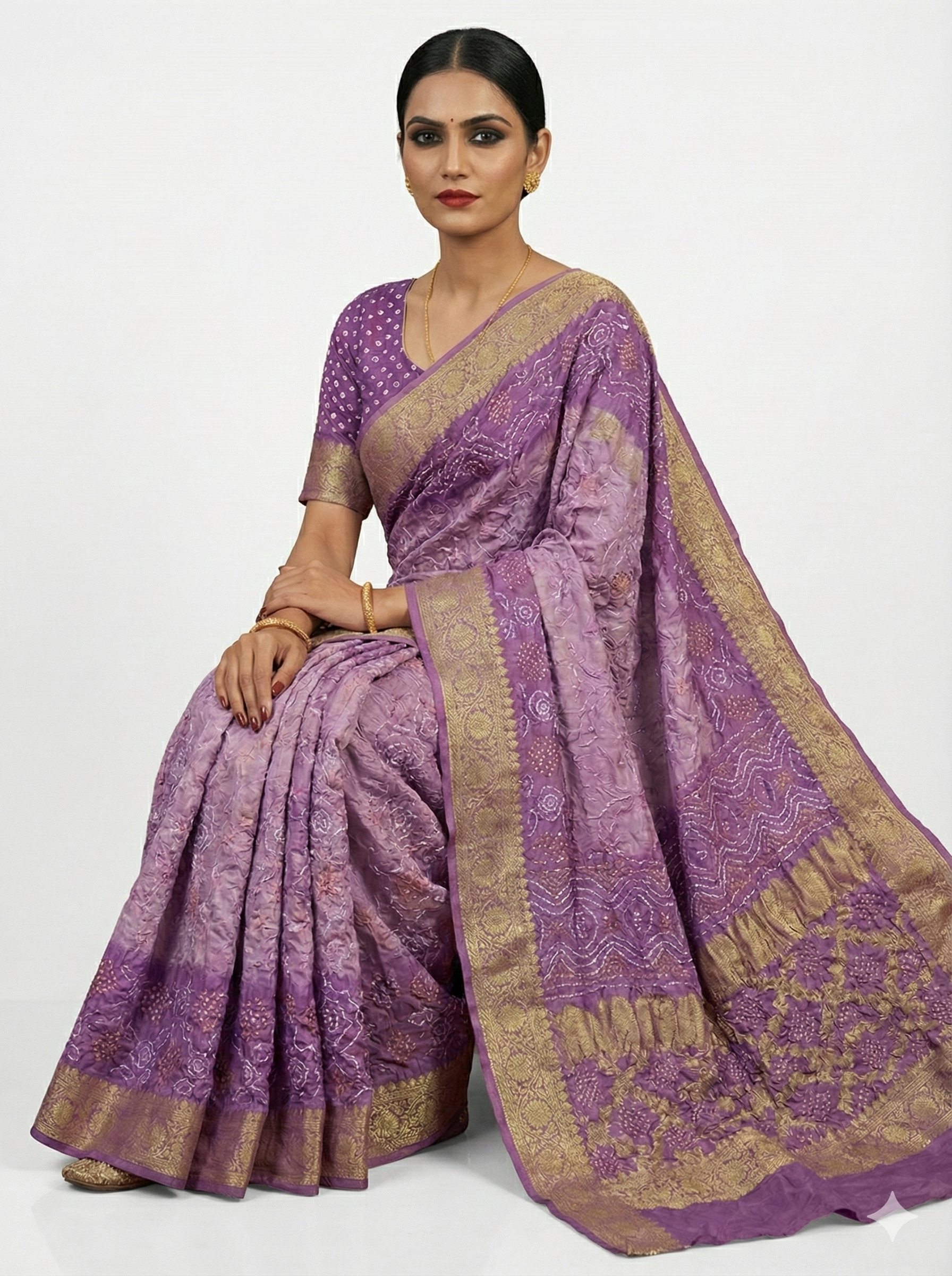 Royal Amethyst: Ombre Purple Bandhani Saree with Golden Zari Border